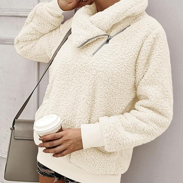 Pull Sherpa pour femme en polaire avec fermeture éclair - Veste pelucheuse - Manteau d'hiver chaud - Vêtements d'extérieur - 2
