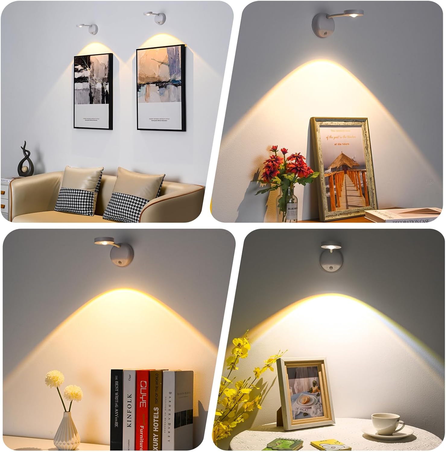 XPESUVC Motion Sensor Wall Light Rechargeable LED Spotlight Flexible Rotate Bedside Reading Lamps with 3 Color Temperature for Picture, Mirror, Hallway (Black, 2 Pack(with Remote Control))