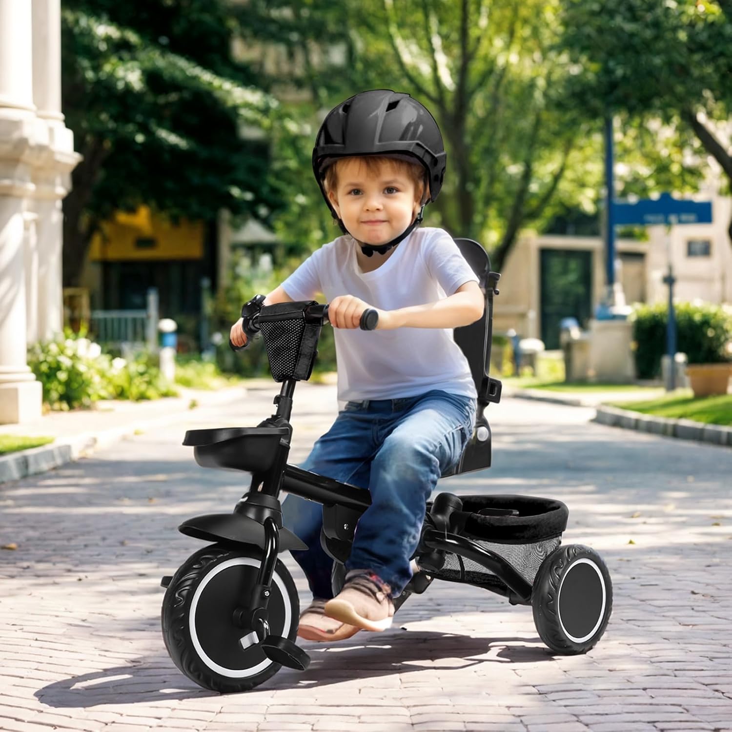 Kinder King Kids Tricycle, 8 in 1 Folding Toddler Trike w/Adjustable Push Handle, Rotatable Seat, Adjustable Canopy, Bell, Five-Point Harness, Storage, Bike Tricycle for Toddlers 1-3, Black