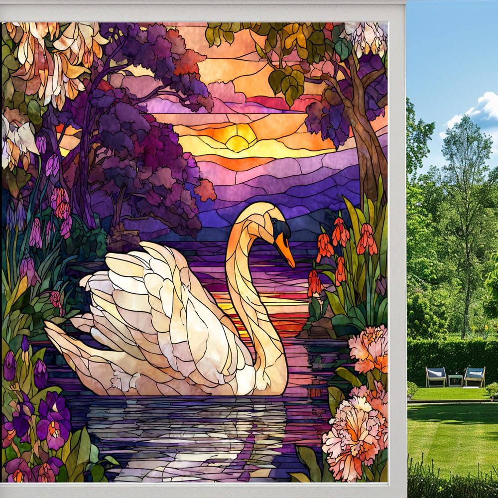 Abstract Swan Frosted Window Film, Colorful Flowers Natural Lake Stained Glass Privacy Film, Heat Insulation Self-Adhesive Vinyl for Bathroom Office, （70x120cm）