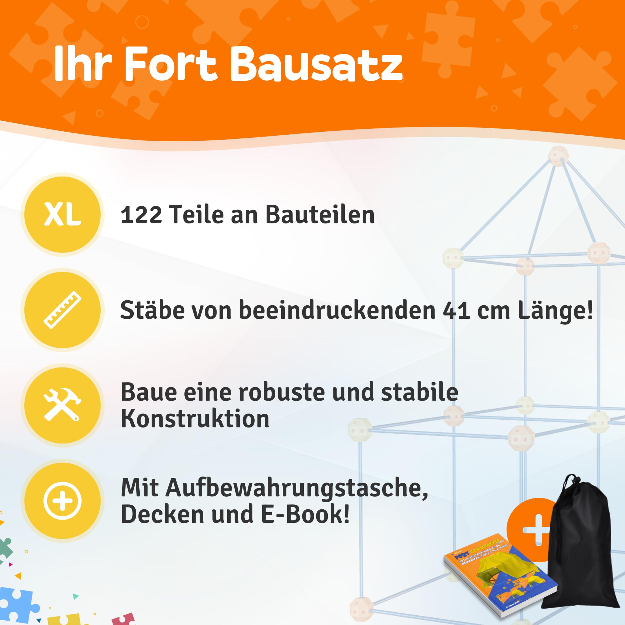 Fort Bausatz XL für Kinder, 122-teiliges Stecksystem mit 76 Stäben & 46 Steckbällen, Höhle Bauen Set für Indoor & Outdoor, Konstruktionsspielzeug ab 5 Jahren, Inkl. Tasche & E-Book mit Bauideen