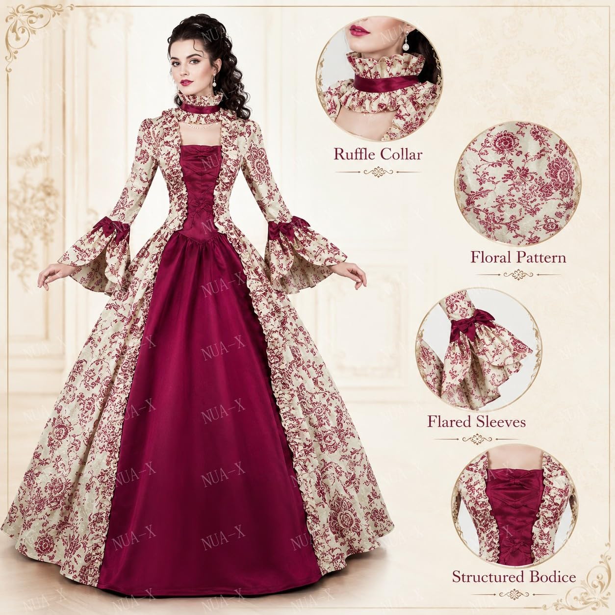 Damen Mittelalter Kleid Vintage Hofkleid Langarm Mit Schnürung Print