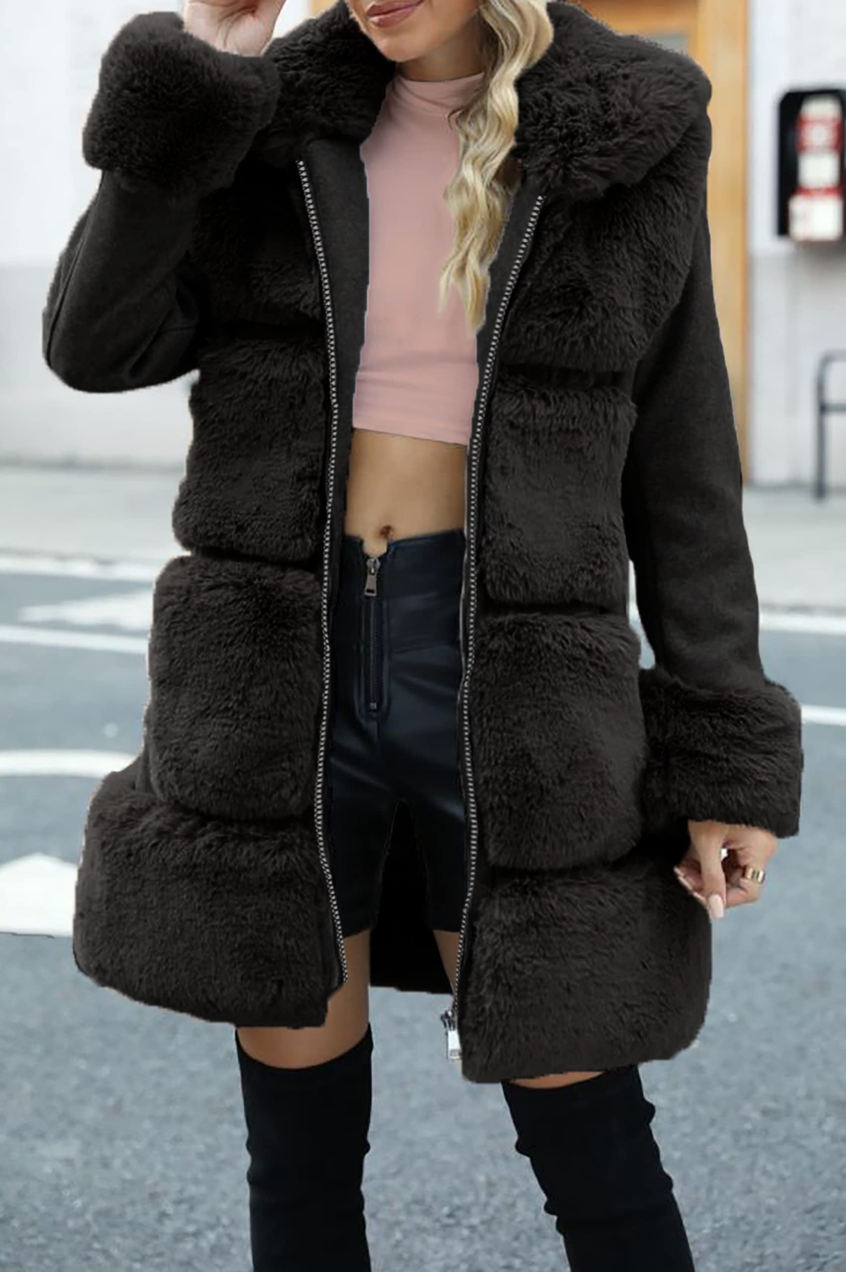 Giolshon Damen Langer Trenchcoat mit Gürtel Verdickter Fleece Parka Kunstleder und Wollimitat-Mischung