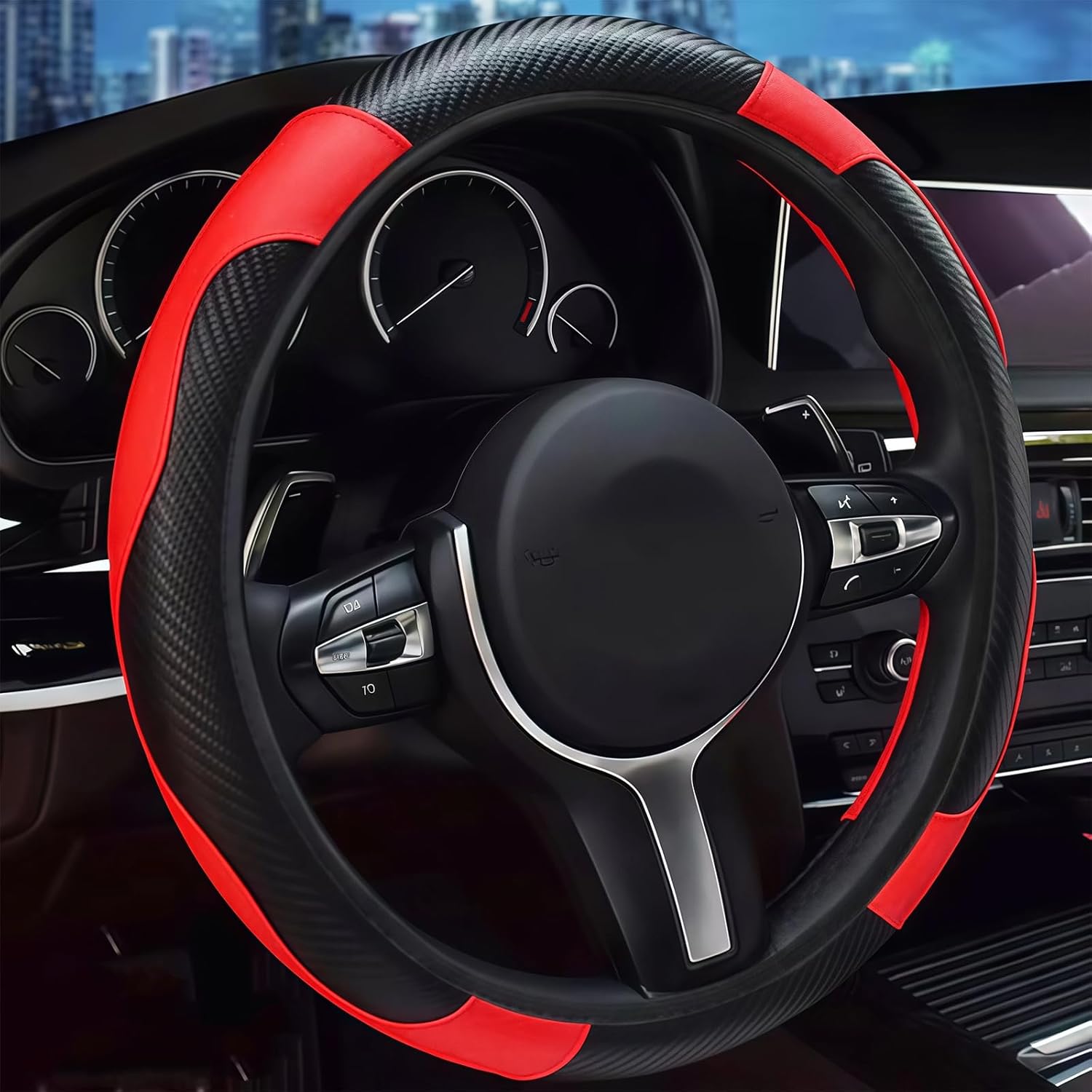 EKUWU 15-Inch Anti-Slip Carbon Fiber Leather Steering Wheel Cover Universal Fit Black Red for Cars Trucks SUVs