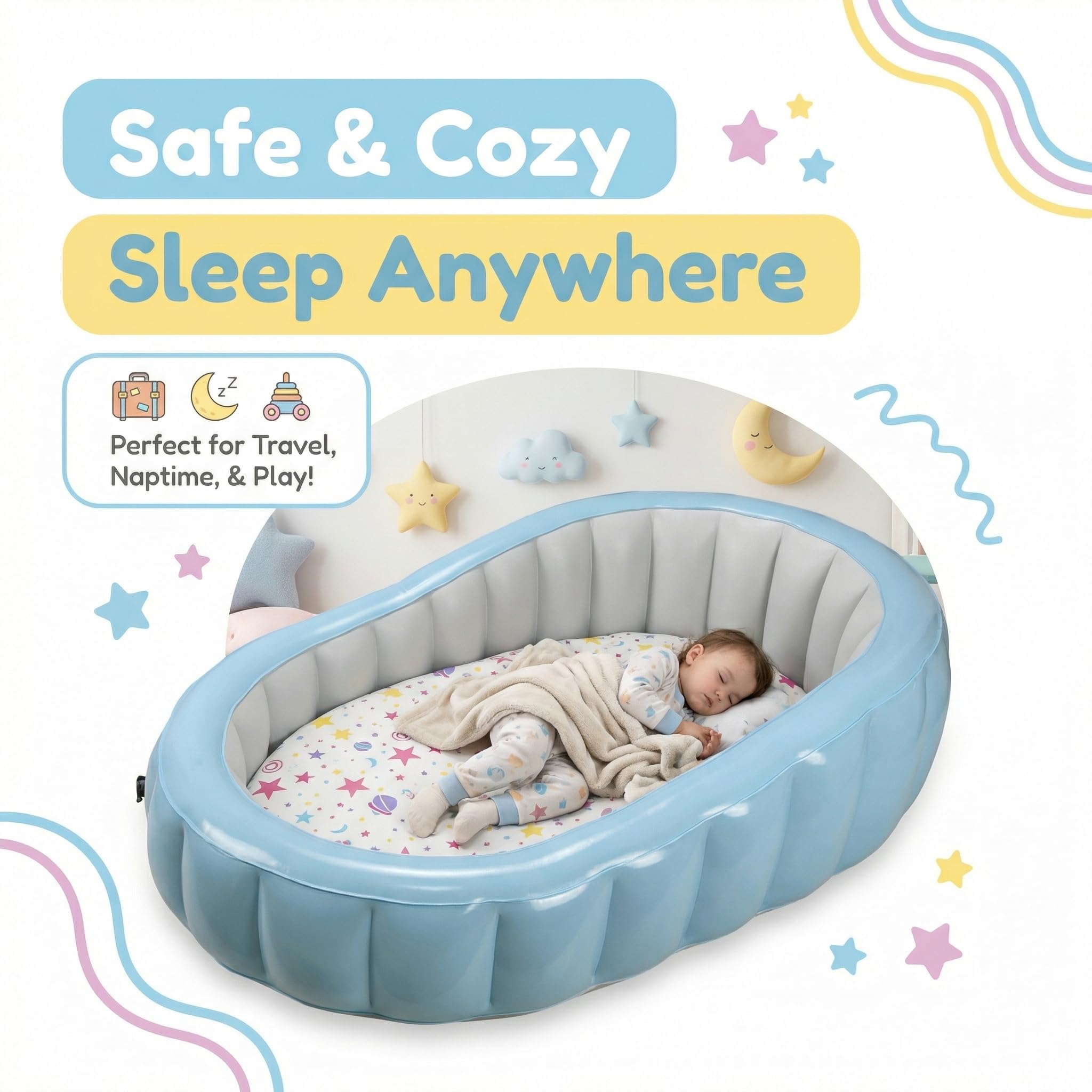Letto gonfiabile per bambini con rivestimento in cotone rimovibile, materasso ad aria portatile da viaggio per bambini, morbido e lavabile, per campeggio, viaggi in auto, casa e volo (include
