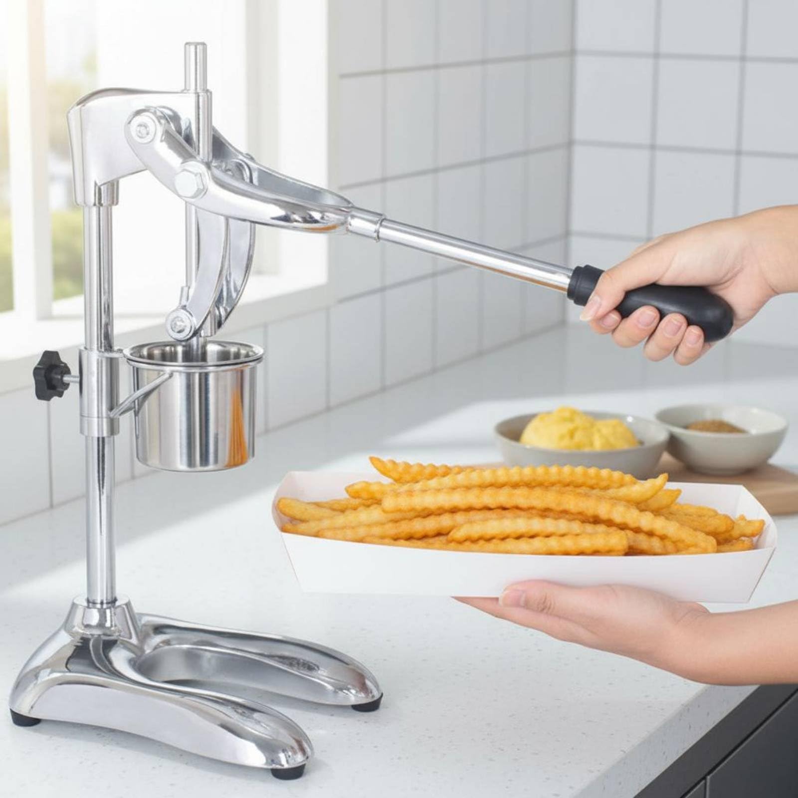 Macchina Patatine Fritte Pressa Patate Estrusore Formatore Manuale in Acciaio Inox 304 E Lega Patatine Uniformi 30cm con Doppio Stampo Adatta a Bar Banchi Snack Casa