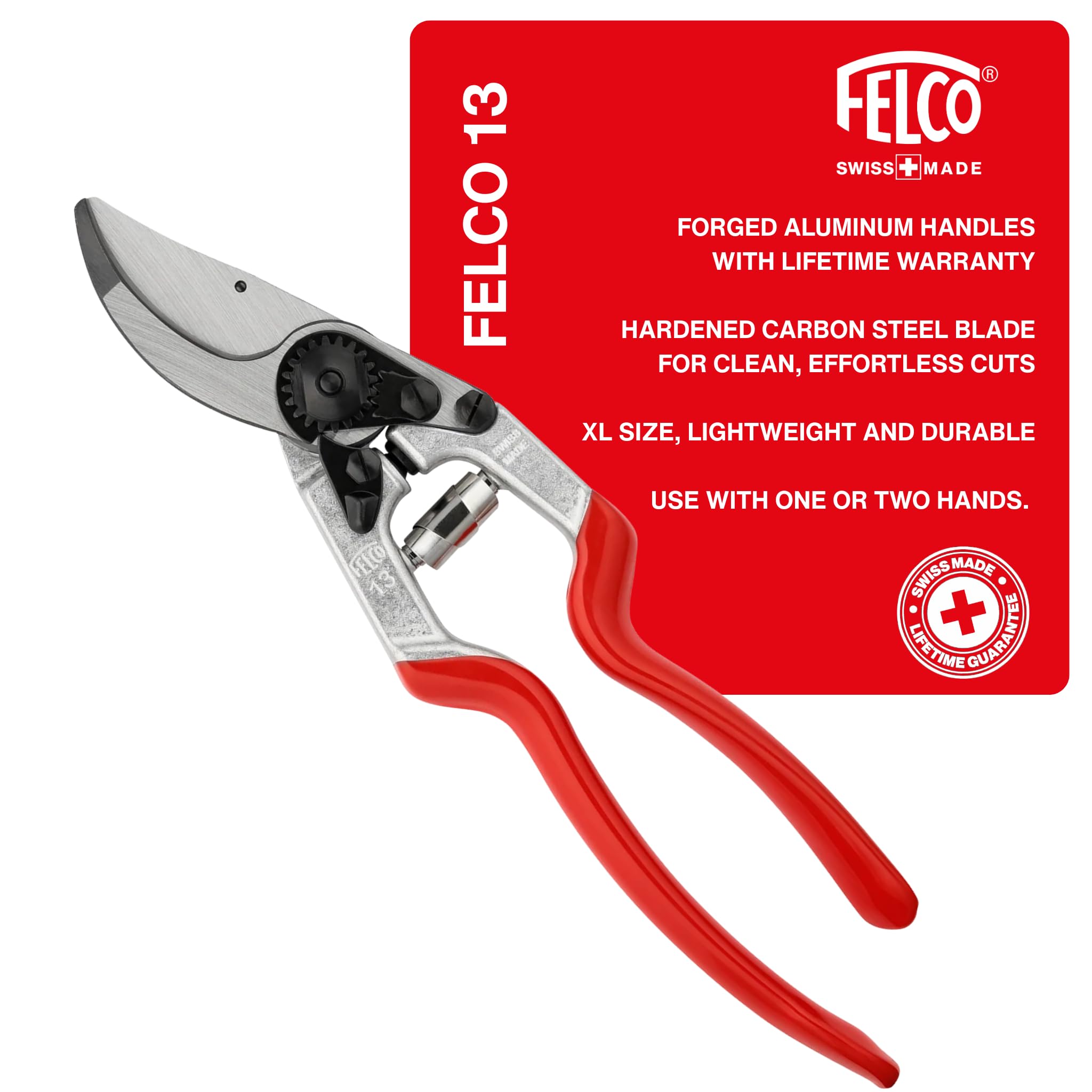 FELCO 13 tijeras de podar para diestros con manos grandes, corte 30 mm | Mango alargado para el agarre a dos manos y más fuerza en ramas gruesas. Aluminio forjado. Swiss Made.