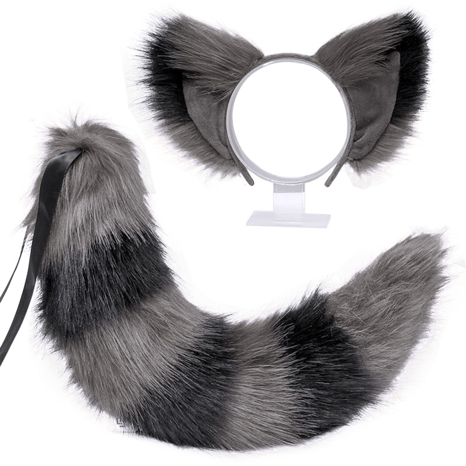 Faux Fur Fox Cat Ears Hair Clip Tail Gloves Set Fluffy Wolf Fox Cosplay Costume Hair Hoop Long Tail Kit Animal Dress Up Fancy Dress Accessories Halloween Role Play Party Costume for Adults