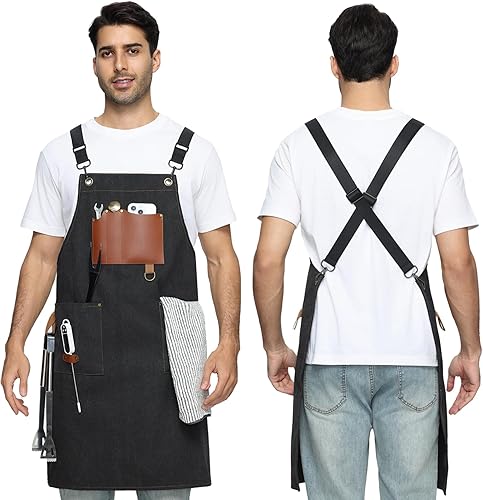 Delantal de chef de mezclilla con bolsillos, babero de cocina profesional para hombre y mujer, delantal negro para cocinar, parrilla, barbacoa,