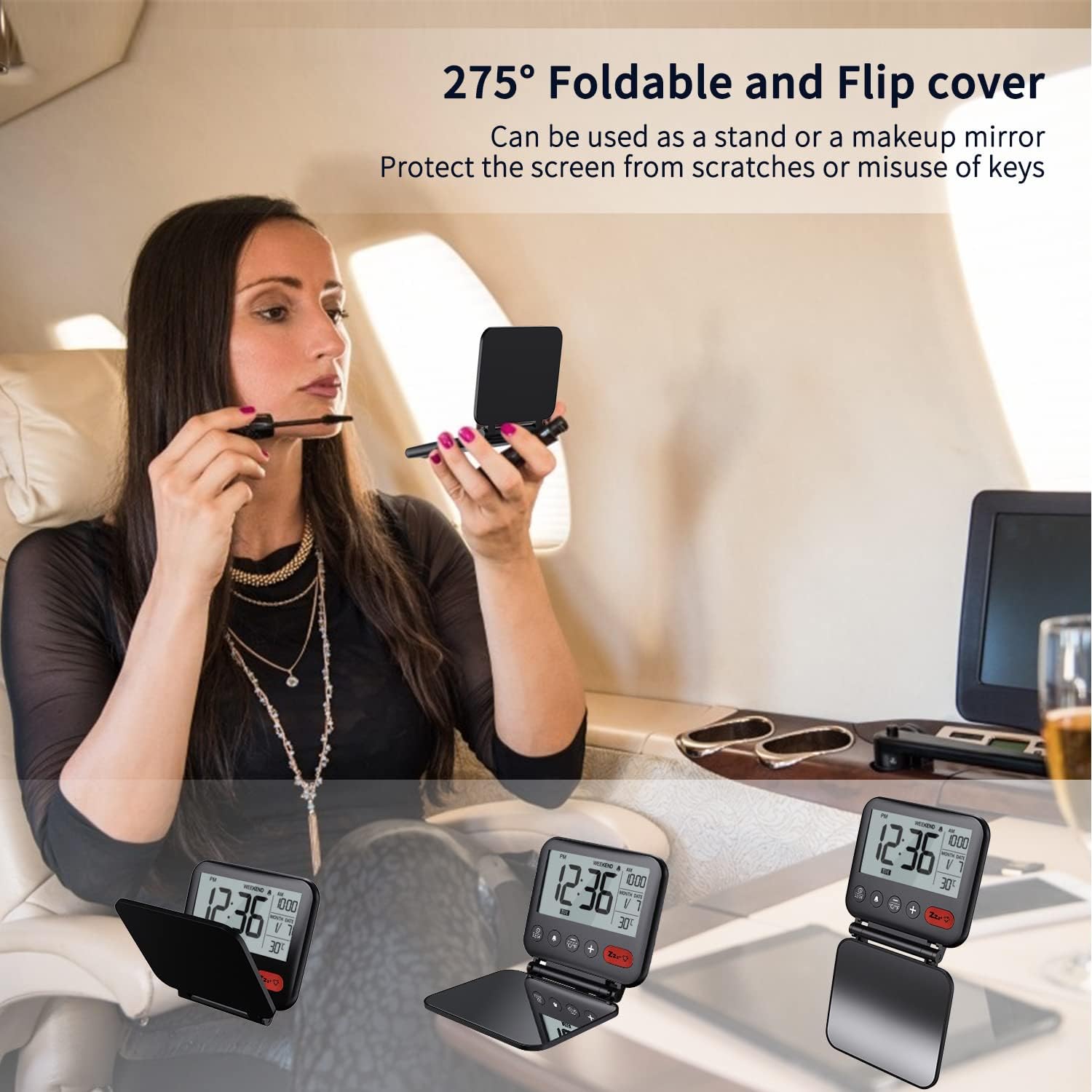 Woman using the NOKLEAD Digital Travel Alarm Clock's foldable cover as a makeup mirror