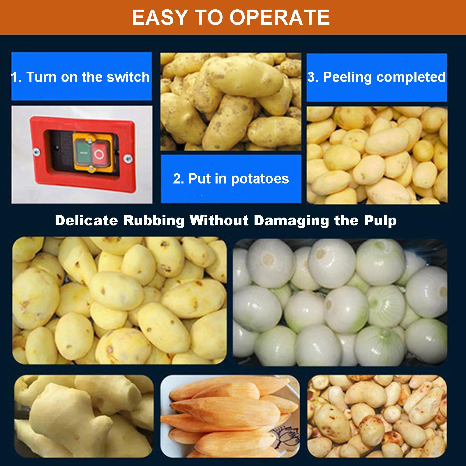 Peladora De Patatas Eléctrica De Acero Inoxidable De 2200W, Lavadora Peladora Por Fricción Comercial De 400Kg/H Con 3 Herramientas Para Machacadoras De Patatas Para Uso Con Taro, Jengibre Y Batatas
