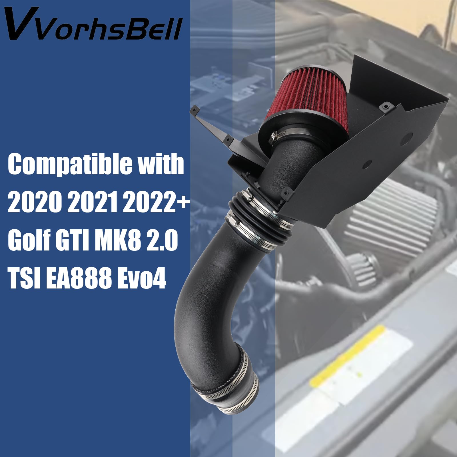 Zestaw Wlotu Zimnego Powietrza, Kompatybilny Z Volkswagen Golf GTI MK8 2020+ 2.0 TSI EA888 EVO4, Rura Aluminiowa 8,9cm Z Osłoną Cieplną I Zmywalnym Filtrem Stożkowym Montaż Bez Modyfikacji