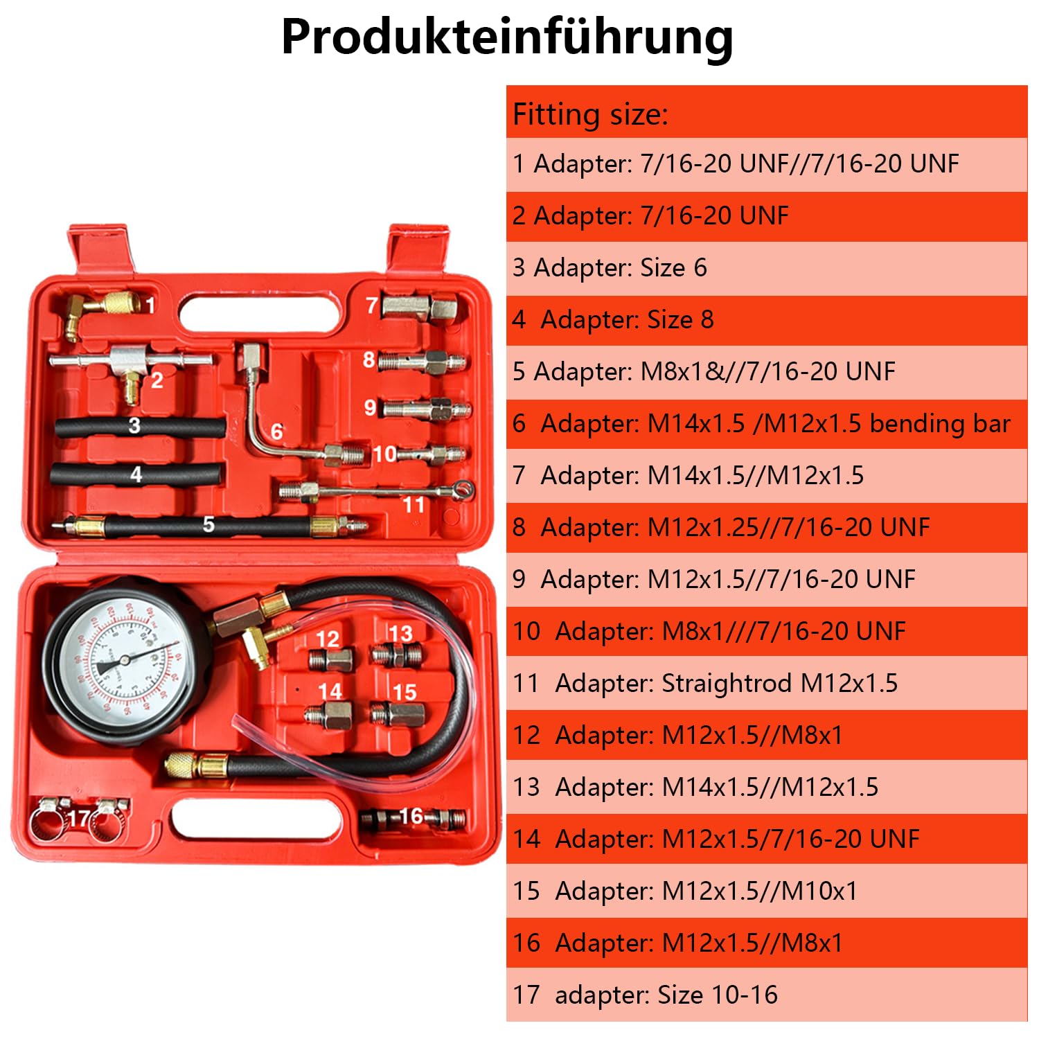 TU-114 - Tester per la pressione del carburante, con adattatore, pompa del carburante, tester di pressione benzina, auto, camion, moto, strumento diagnostico