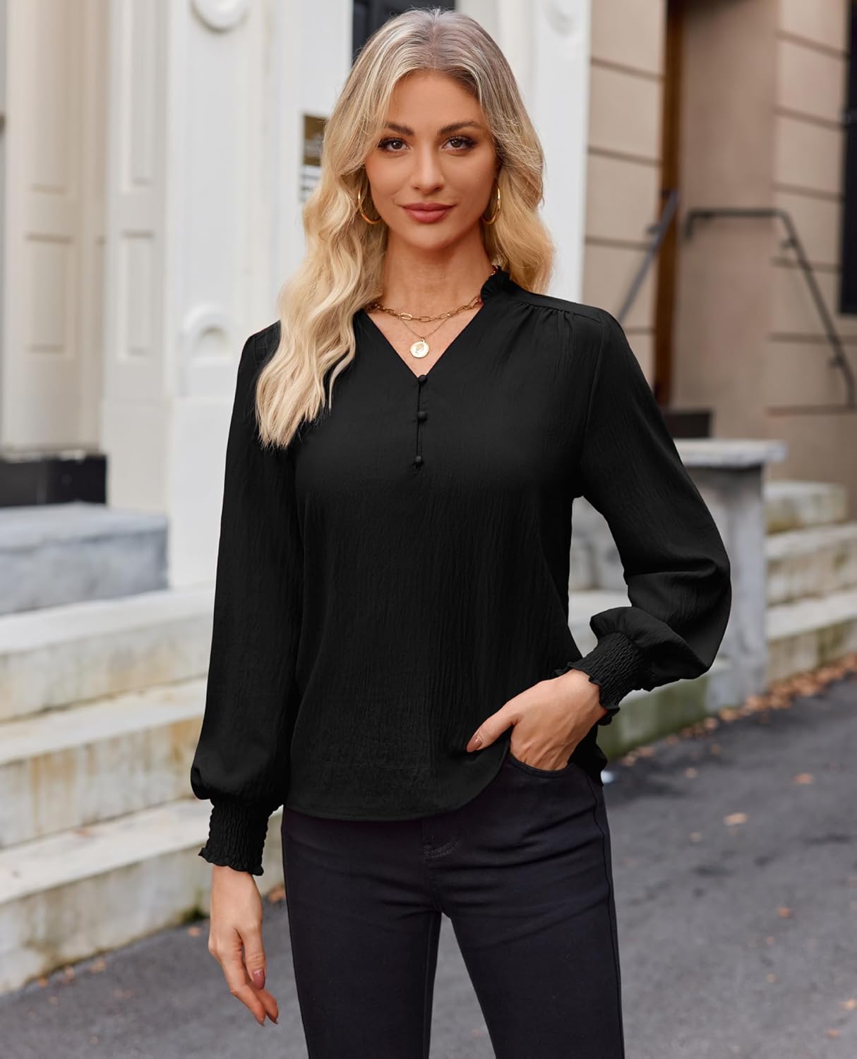 Blouses for Women Dressy Casual Long Sleeve Shirts V Neck Tunic Fall Trendy with Smocked Cuffs Business 2026 Outfits - Image 3