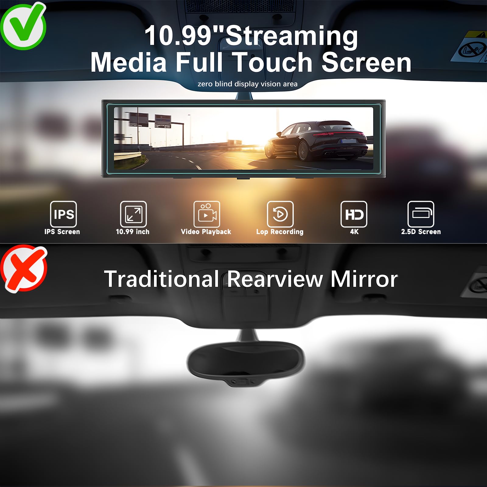 Hodozzy 4K Espejo Retrovisor Coche Dash CAM Inalámbrico Carplay Android Auto,Cámaras Visión Frontal y Trasera 1080P,Pantalla Táctil IPS de 10,99 Pulgadas con Grabación en Bucle/Airplay/AUX/FM