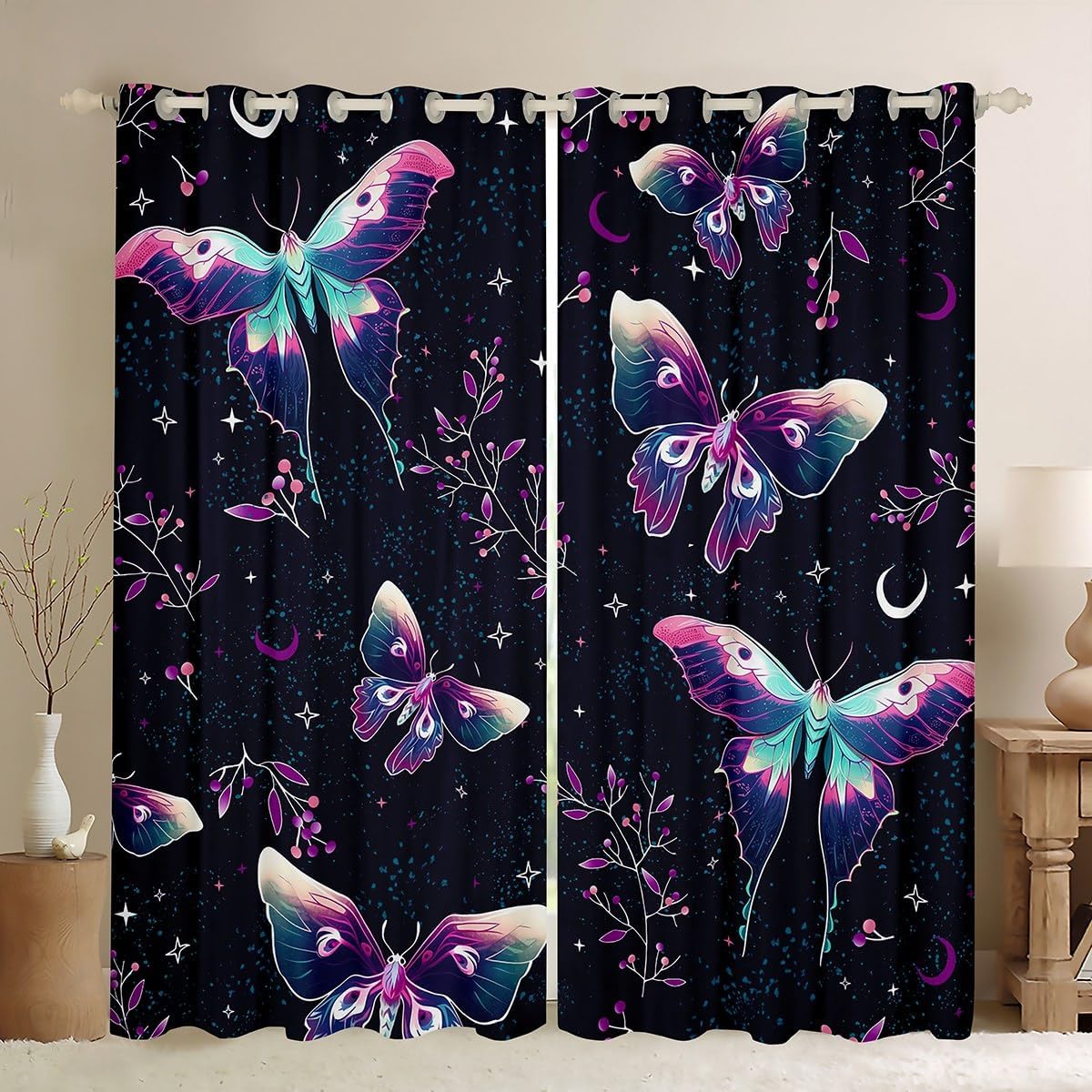 Erosebridal Butterfly Curtains Gothic Skull Boho Blackout Curtains for Bedroom, Kids Halloween Goth Drapes Bohemian Sun and Moon Pattern Window Treatments 2 Panel Sets 42 X 84 Inch (Purple)