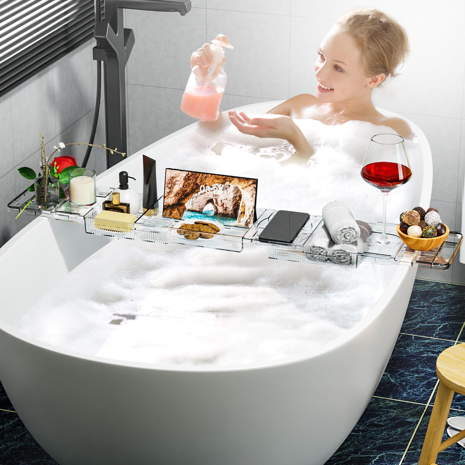 Vassoio per Vasca da Bagno Allungabile in Plastica Trasparente 80-120cm - Mensola con Porta Libro, iPad, Candela - Accessori Relax