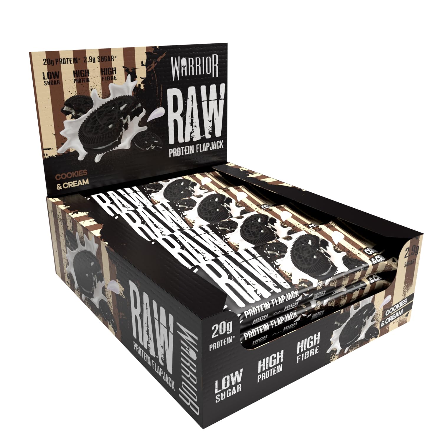 Warrior Raw Protein Flapjacks – 12 Bars x 75g Each – Packed with 20g of Protein – Low Sugar, High in Fibre (Cookies & Cream)