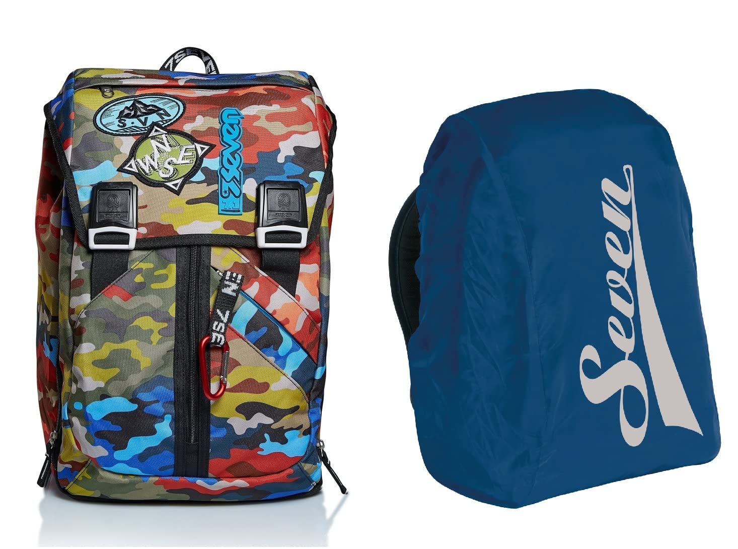 Zaino Scuola Estensibile SEVEN - ADVENTURE CAMO, Verde Militare, 28 Lt + Coprizaino Antipioggia Impermeabile