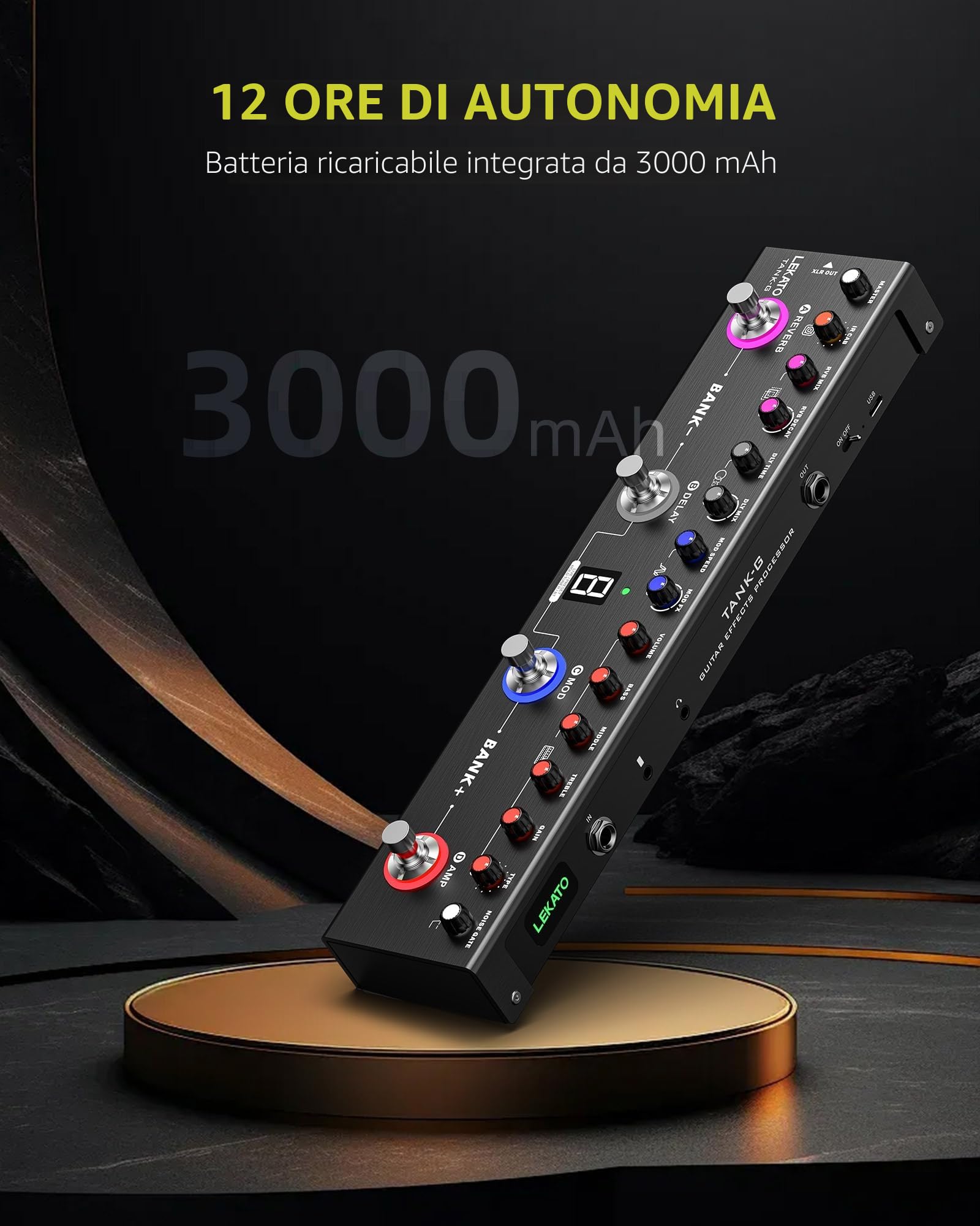 LEKATO Pedale per chitarra multi-effetto, 36 preset modificabili, coro, delay, reverbo, MOD, ricarica IR, registrazione, batteria integrata, connessione BT
