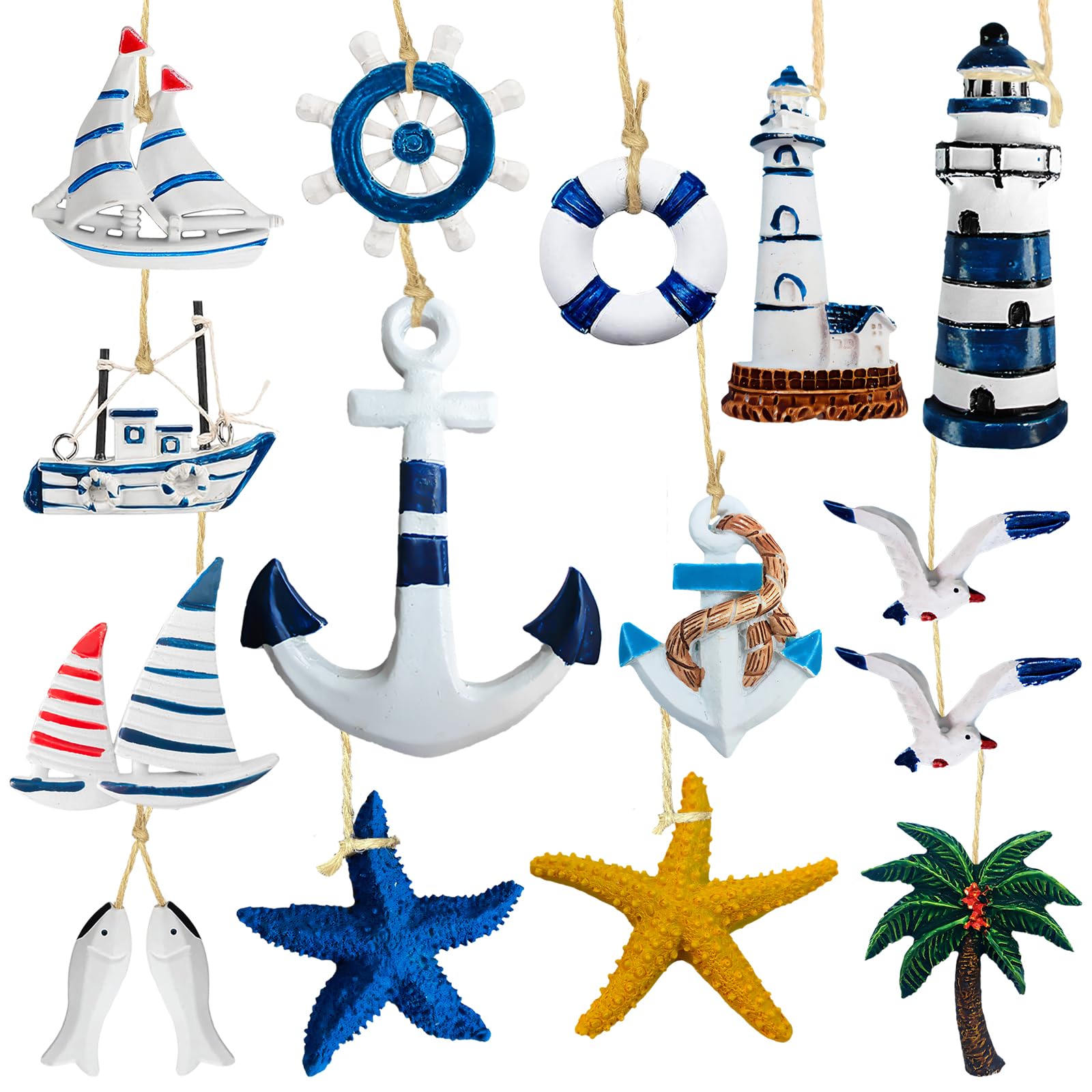 Golgner 15 Pieces Maritime Pendants Nautical Decoration, Maritime Decoration Set, Maritime Decorative Pendant Set, Starfish Boat Anchor, Lighthouse Fish Coconut Tree, for Mini Fishing Net, Wall