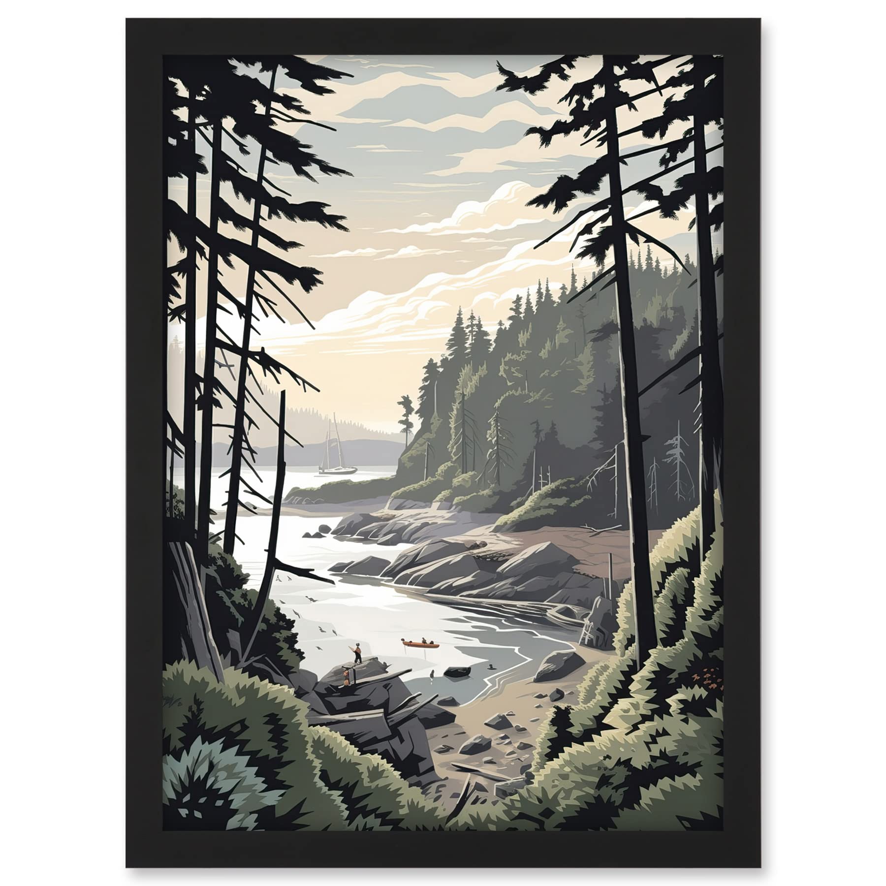 Artery8 Great Bear Rainforest Hikers Coastal Landscape Artwork Framed A3 Wall Art Print