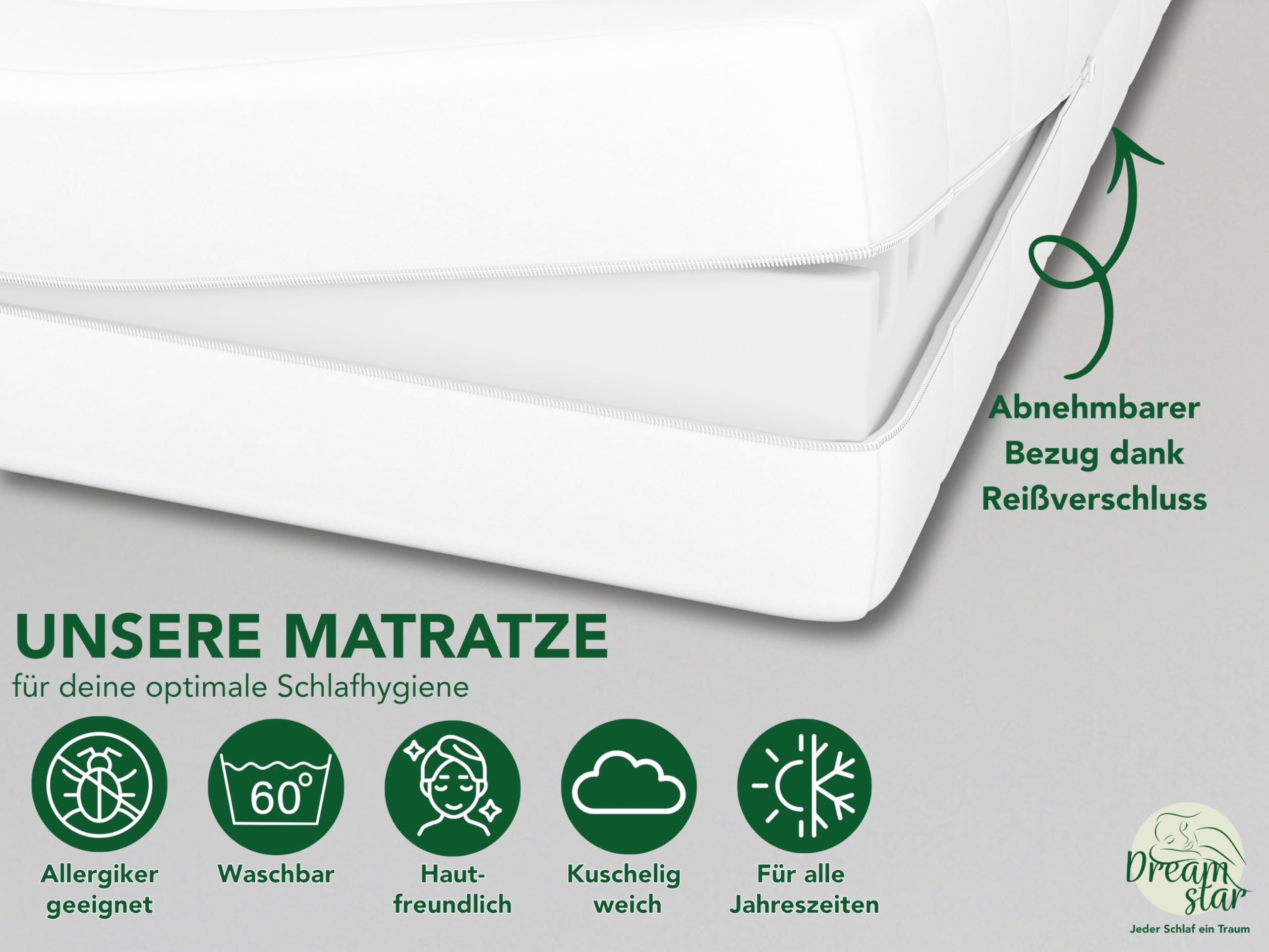 DREAMSTAR Simple Flex Duo 7-Zonen Matratze 90x200 cm | H2&H3 | Ergonomische Kaltschaummatratze | Hypoallergen & Antibakteriell | Bezug abnehmbar & waschbar | Öko-TEX® | (12cm, 90 x 200 cm)