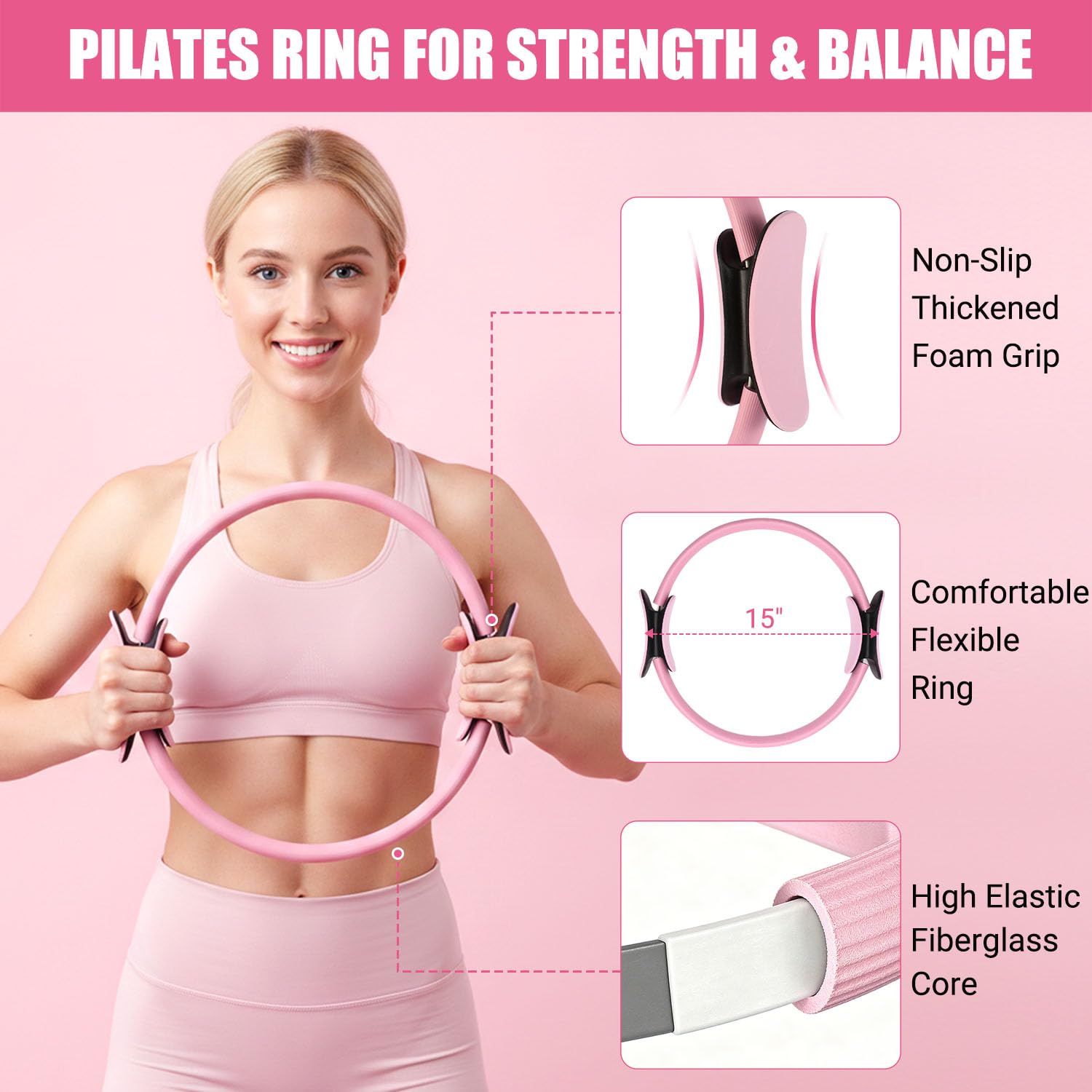 Qinkada Pilates-Set, Pilates-Ausrüstung, Heim-Set mit 38,1 cm Pilates-Ring | Workout Essentials mit Yoga-Ball, Widerstandsbänder, Figur 8, Widerstandsband, Armtrainer, Yogagurt, Socken, Tasche