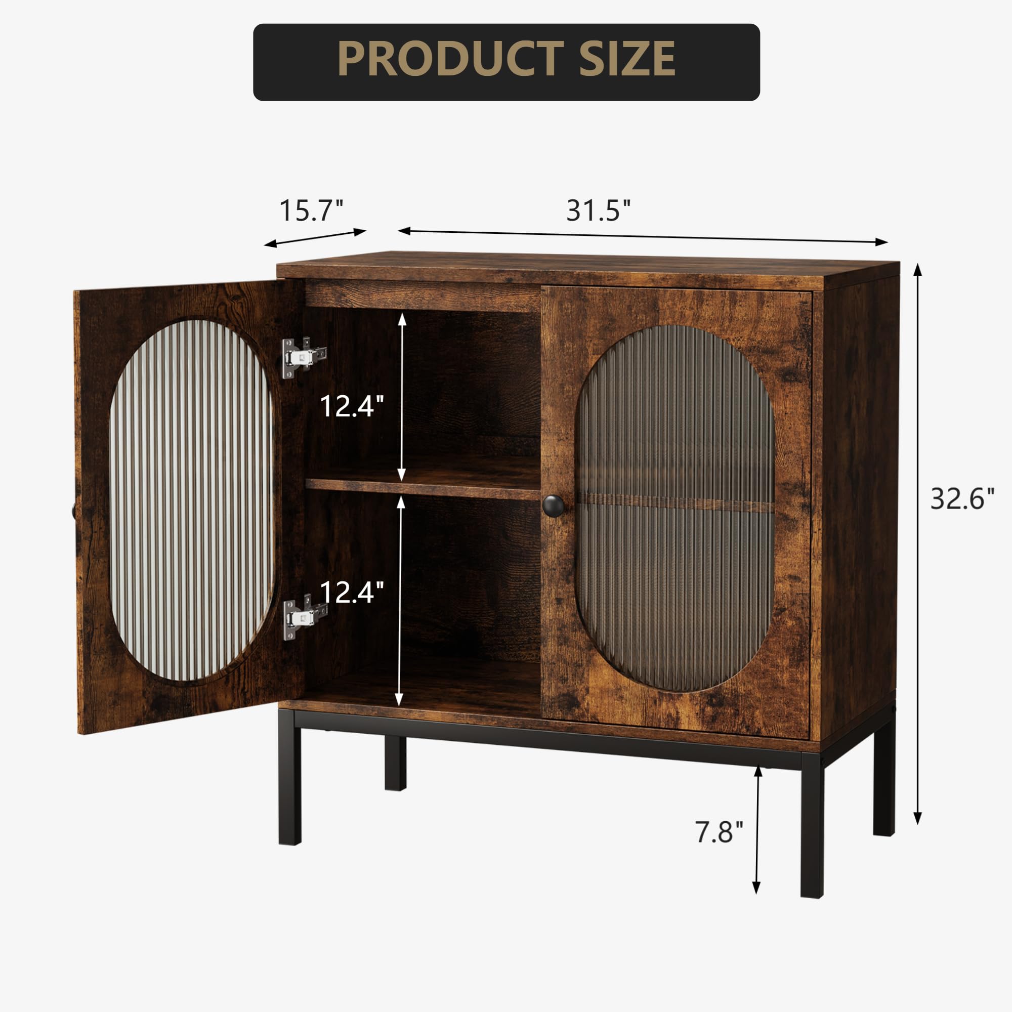 Buffet - Armoire de cuisine avec étagères réglables - Armoire d'appoint avec 2 portes en verre - 80 x 40 x 83 cm - Avec pieds en tube métallique haut - Pour cuisine, salle à manger, salon - Marron