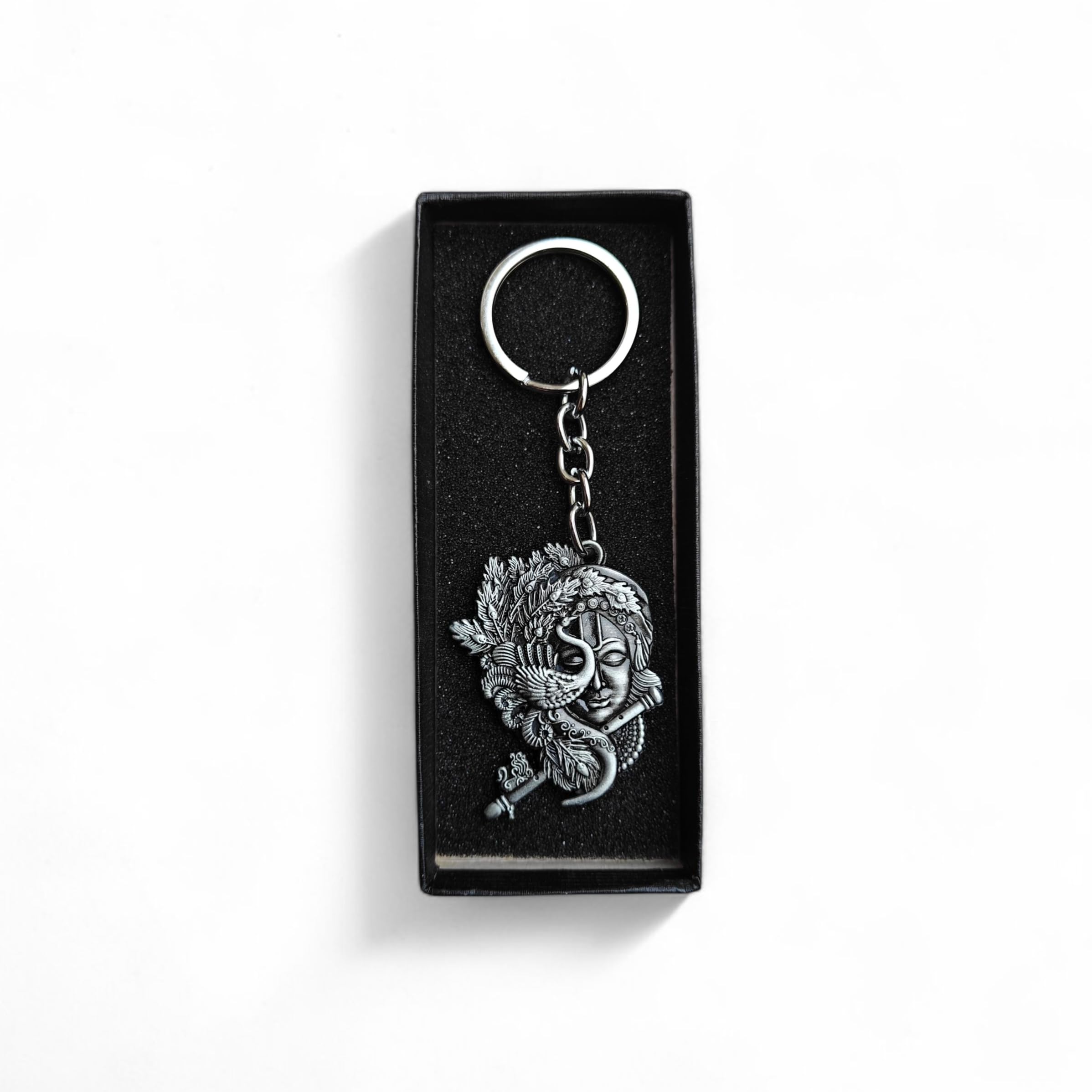Double Sided Krishna Face | Flute | Peacock Metal Keychain For Bike | Car Keys (Grey)-image-33