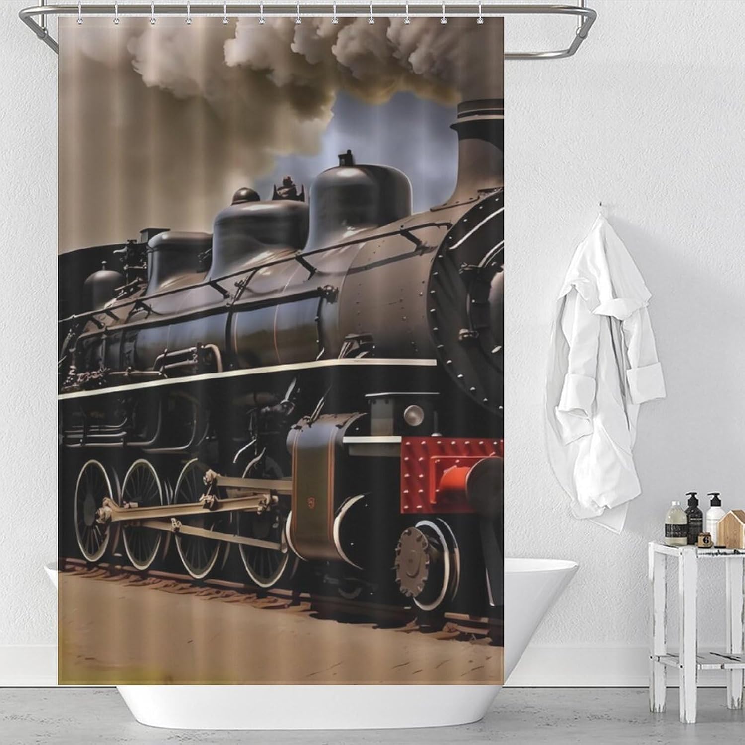 Vintage Train Funny Shower Curtains Washable Bath Curtain Liner with Hooks for Bathroom Bath Tubs