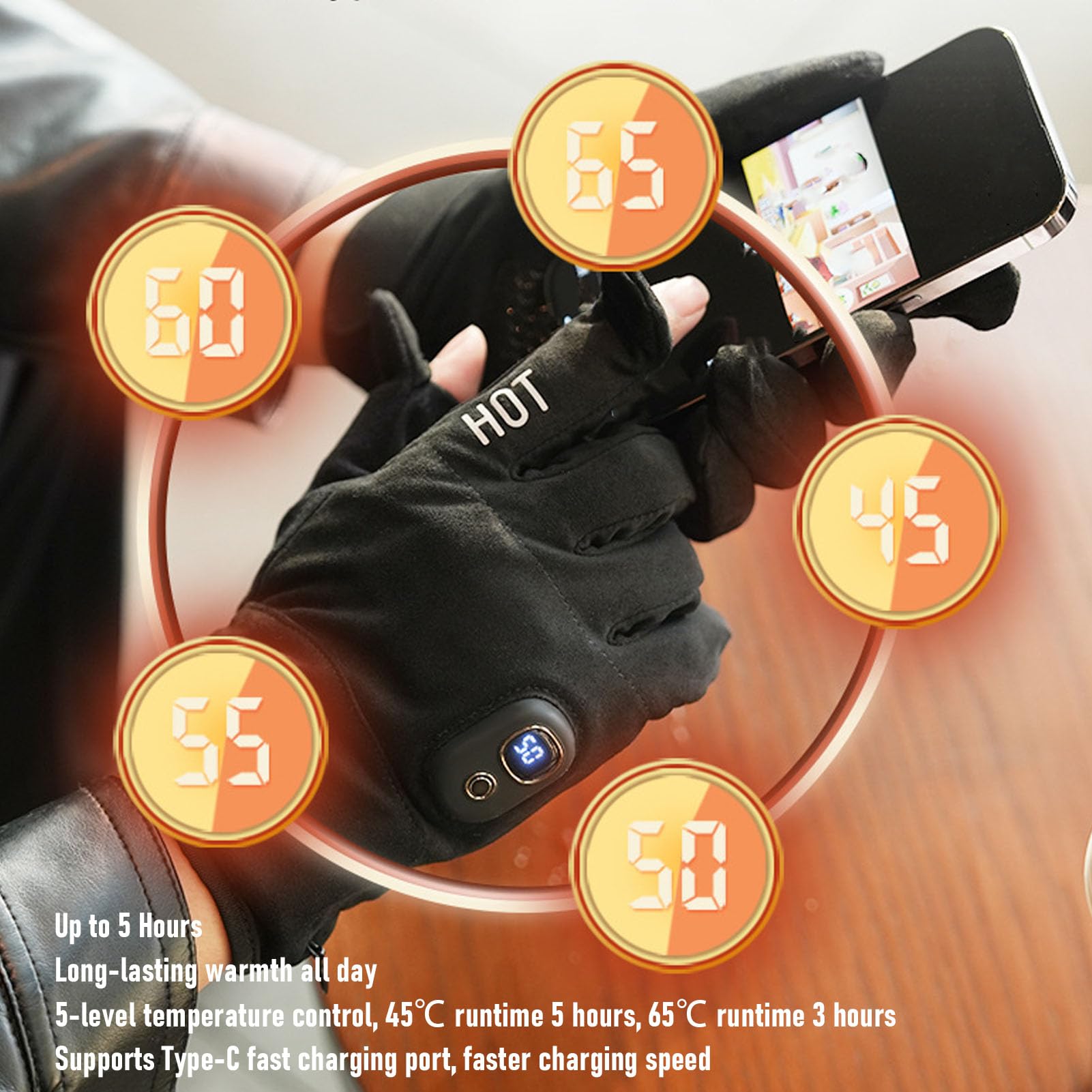 Guantes Térmicos, Pantalla Táctil y Gamuza Térmica Recargable por USB con 5 Configuraciones de Calor, Forro de Guantes Cálidos de Invierno, Traje para Senderismo, Ciclismo