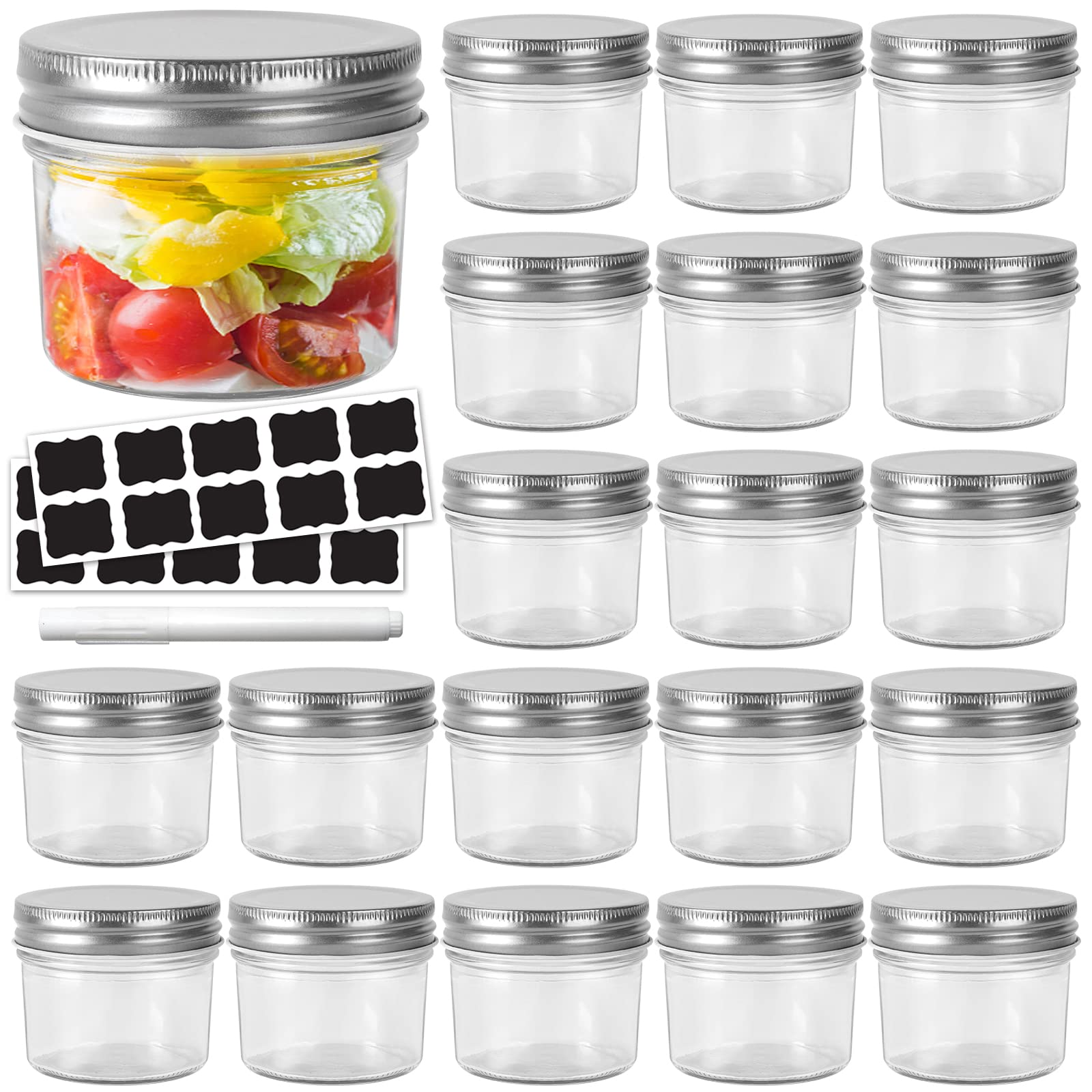 Yishik 20 Pack 4 oz Mason Jars with Silver Lids,100ml Glass Canning Jar Small Jams Jar for Fruits,Jellies,Baby Foods or Handmade desserts