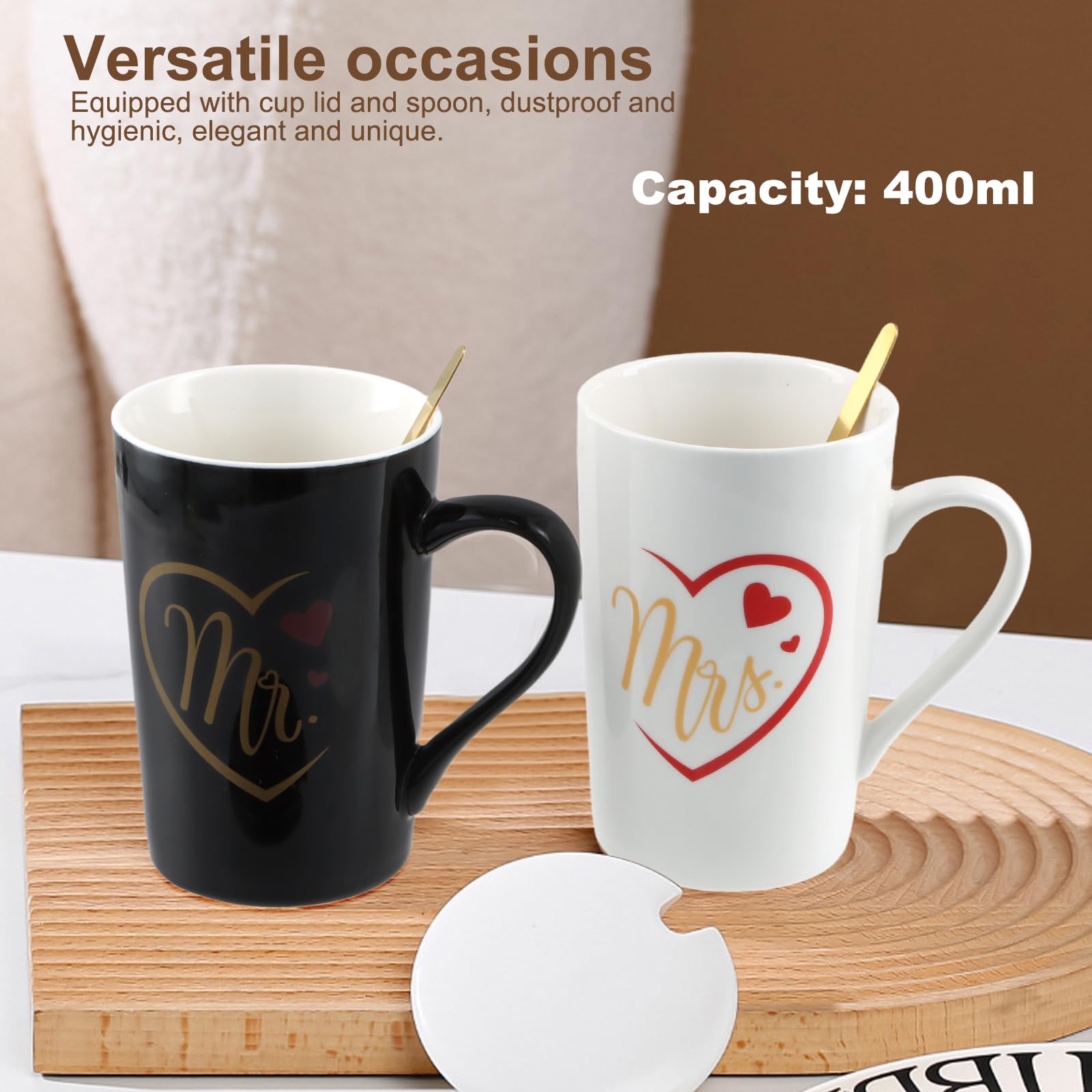 Set 2 Tazze Mr E Mrs Con Coperchio - 350ML Ceramica Per Coppie, Regalo Matrimonio - Foto 3