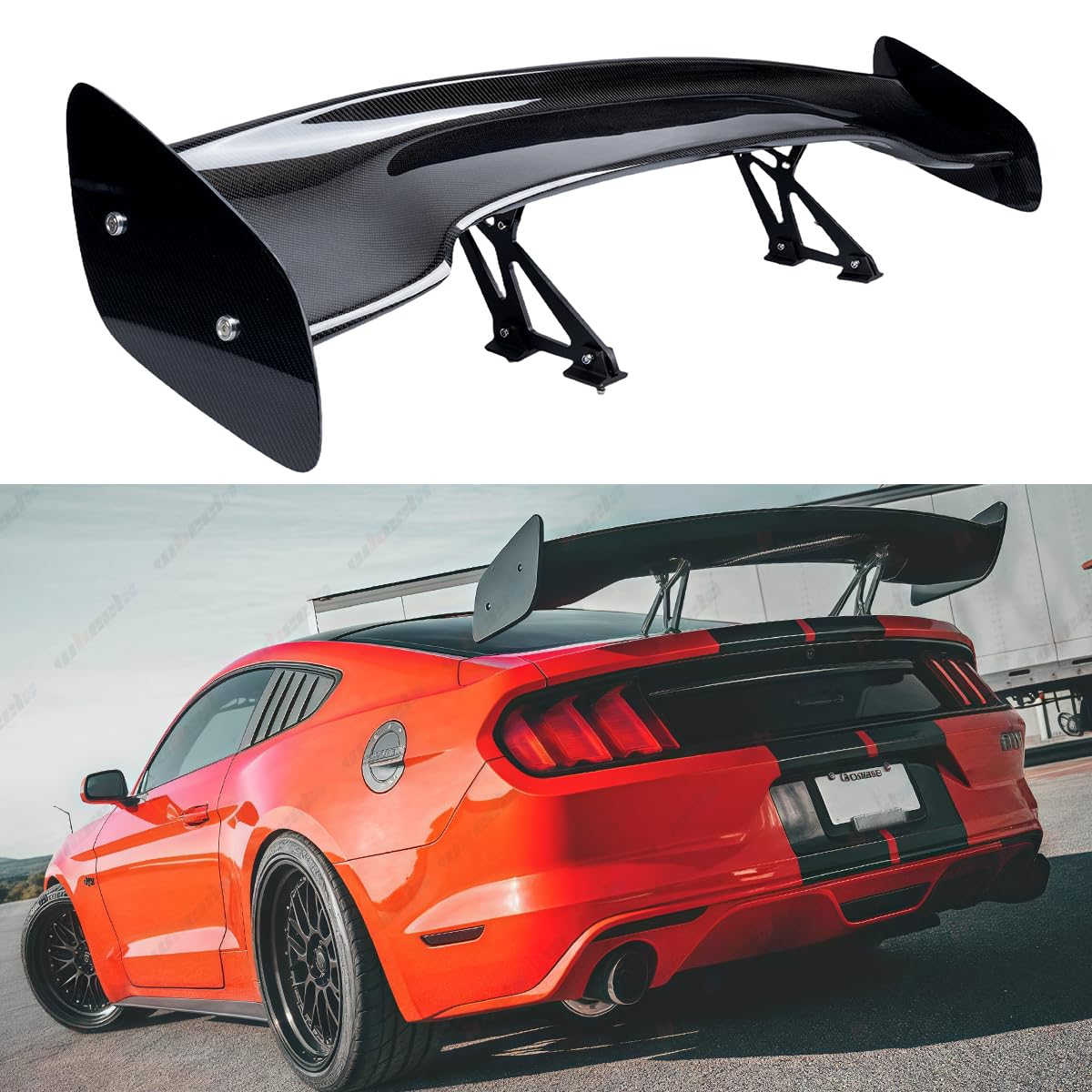 3K Real Carbon Fiber 57inches Universal Rear Spoiler, Adjustable Angles GT Racing Style Trunk Exterior High Kick Tail Deck Lid Splitter Wing Lip Man Gift Mustang Camaro Corvette