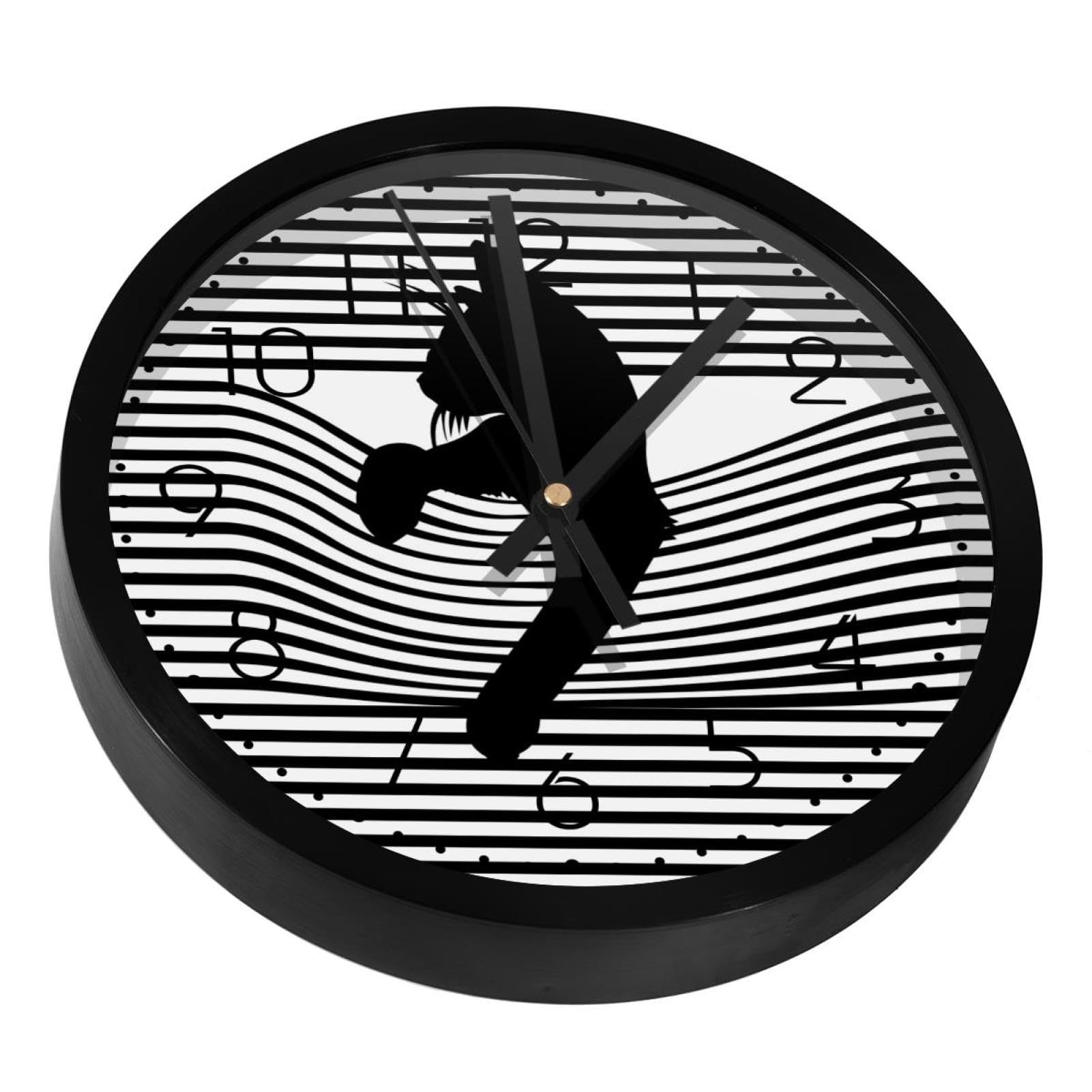 Horloge murale chat sur rayures noires et blanches à piles