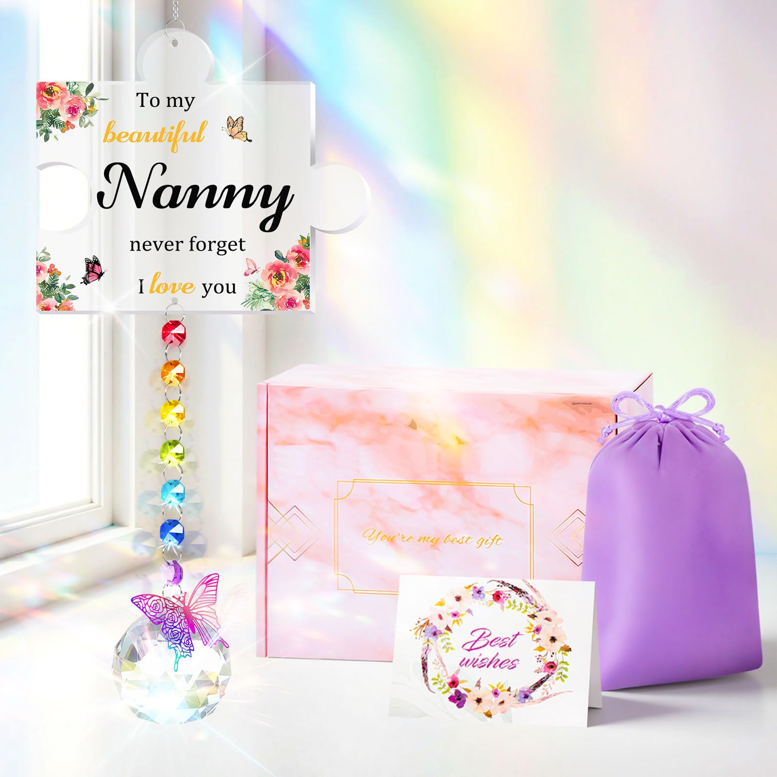 YIBONIKA Nanny Gifts, Personalised Nanny Gifts from Grandchildren, Puzzle Crystal Suncatcher Wind Chime Birthday Gifts for Nanny, Thoughtful Nana Christmas Mothers Day Presents