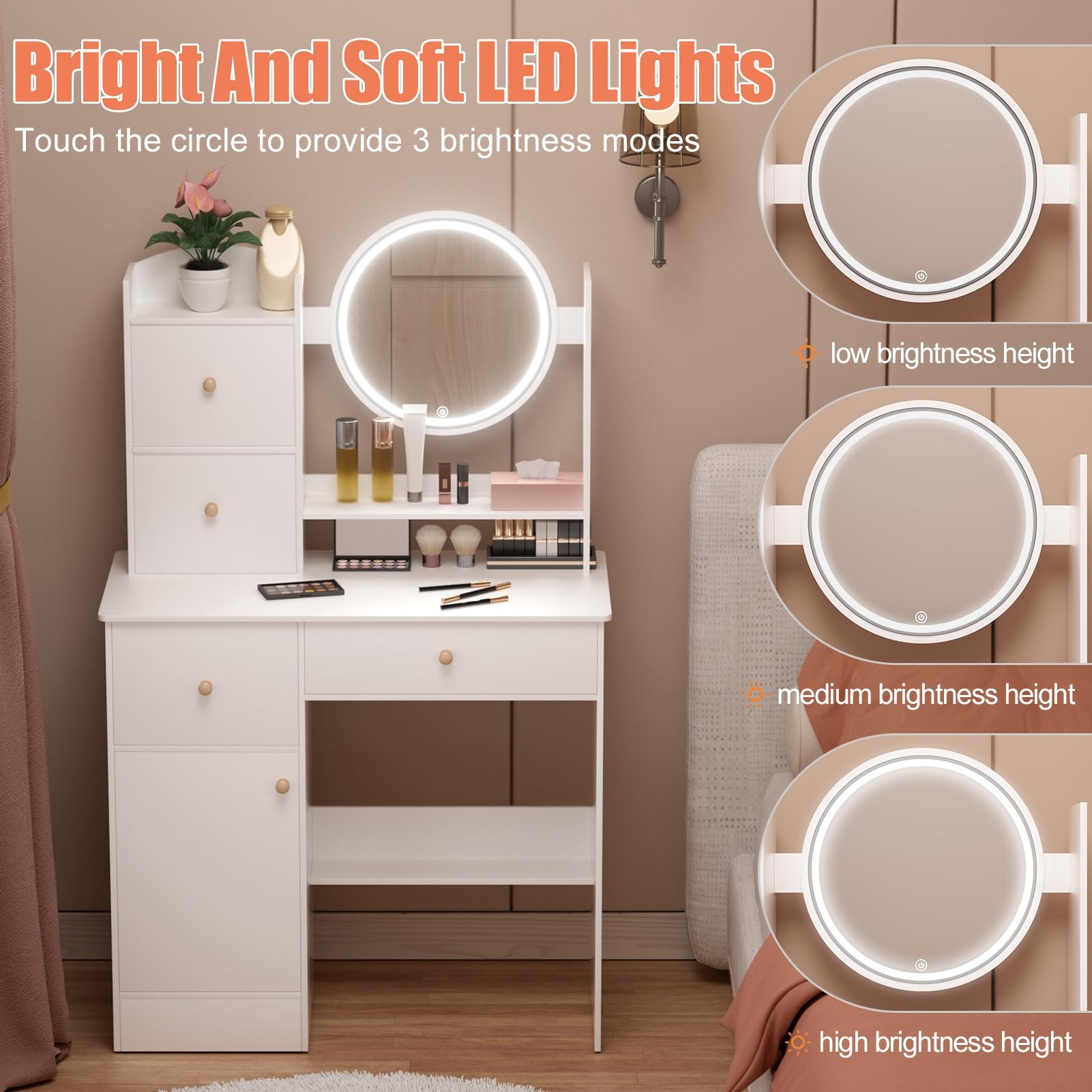 Escritorio de maquillaje con espejo iluminado LED, mesa de tocador con 2 cajones y estantes de apertura, tocador para dormitorio, escritorio de maquillaje para niñas para espacios pequeños,