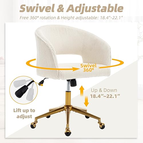 Miniatura 3 de ABET Silla de escritorio con ruedas, silla de pana para oficina en casa, sillón giratorio con base dorada, sillas decorativas modernas tapizadas,