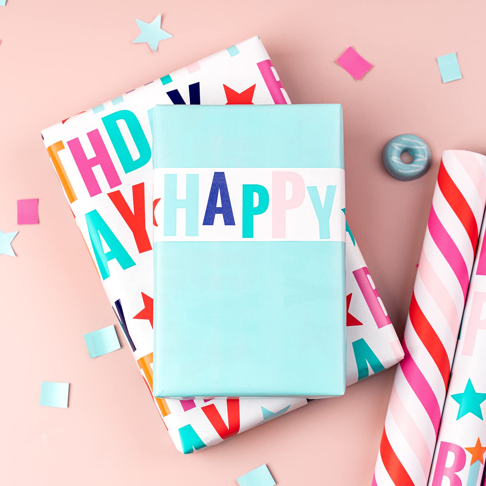 LeZakaa Mini Rouleau De Papier Cadeau Holographique Pour Anniversaire – Lettrage « Happy Birthday » Avec étoiles Colorées, Feuille Métallique Arc-en-ciel, Avec Lignes De Coupe, Pour Garçons Et Filles