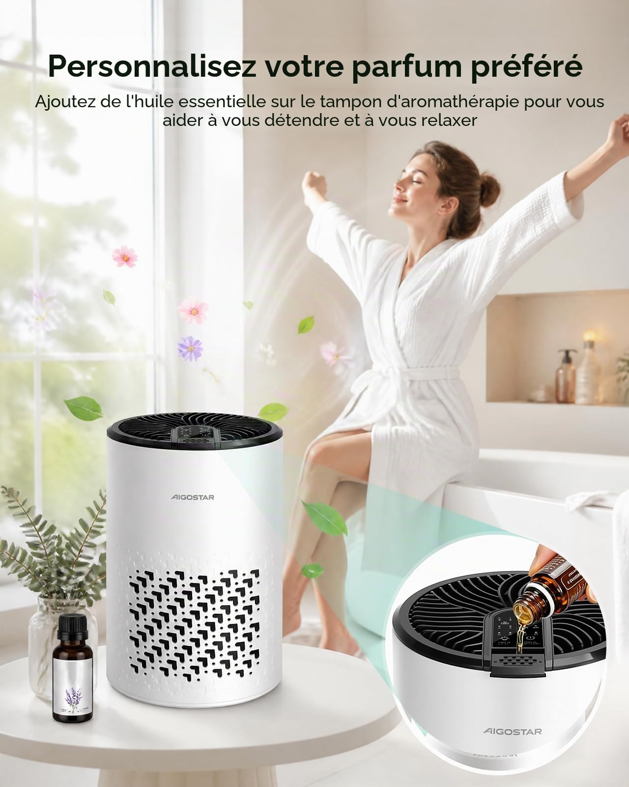 Aigostar Purificateur d‘air avec Filtre HEPA 4 en 1 et Charbon Actif, Ultra Silencieux 15dB avec Aromathérapie, pour Chambre Anti-Allergies, Élimine Poils, Fumée & Odeurs
