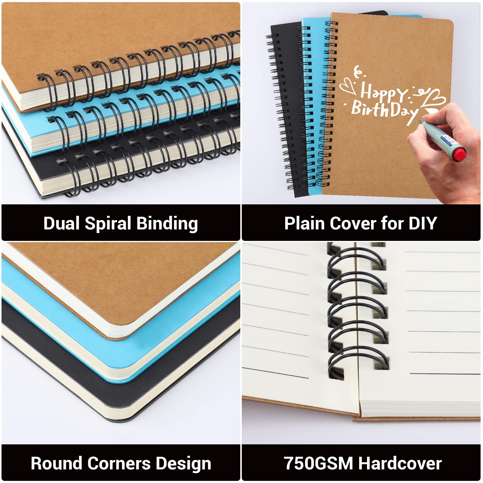 EUSOAR - Quaderno a spirale a righe, formato A5, 12 confezioni da 14,5 x 20,8 cm, a righe, per appunti e appunti, quaderni per studenti, ufficio e business con copertina a spirale, 3 colori