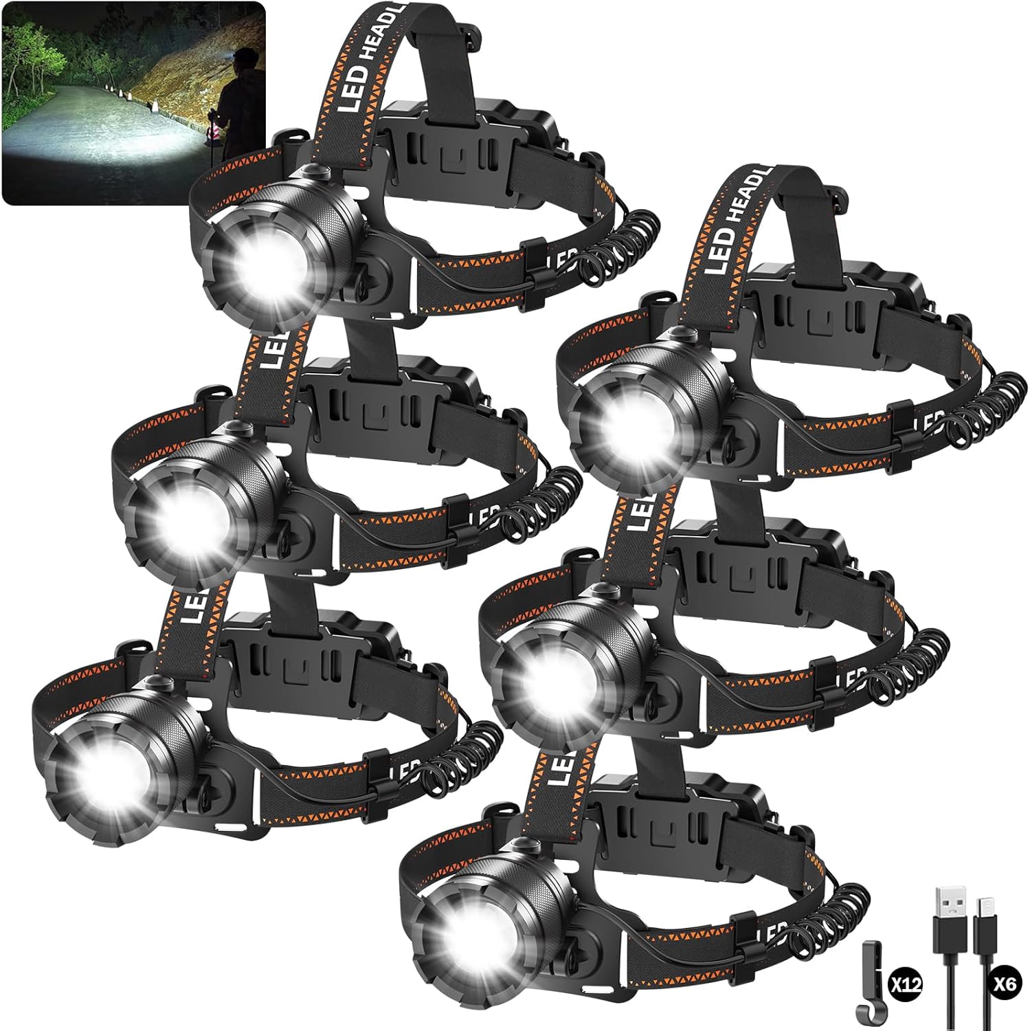 KYEKIO 6Pack Rechargeable Headlamps for Adults, 3000L Super Bright Head Lamps LED Rechargeable, 4Mode Head Lights for Forehead Hard Hat, Adjustable Focus 90°Headlight, Waterproof LED Headlamp Camping