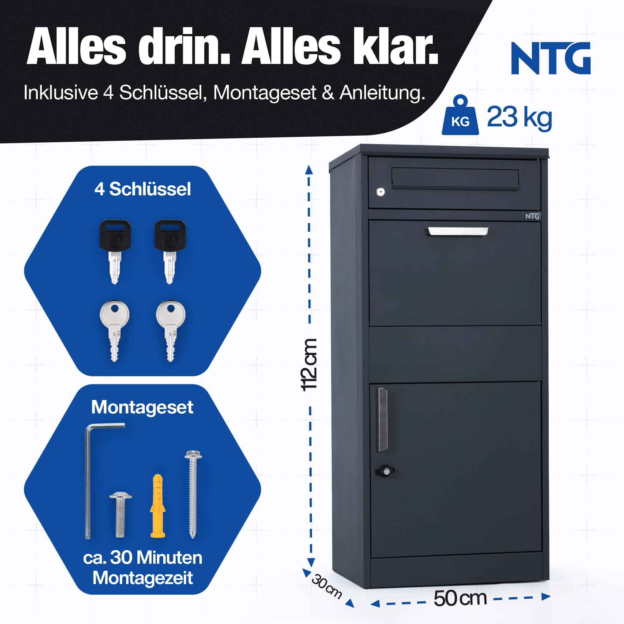 NTG Paketbox Draussen groß XXL – Wetterfest & Abschließbar – Paketbriefkasten XXL aus verzinktem Stahl – Standbriefkasten freistehend – Pakete bis 400x280x200mm – Inkl. 4 Schlüssel & Bodenmontage
