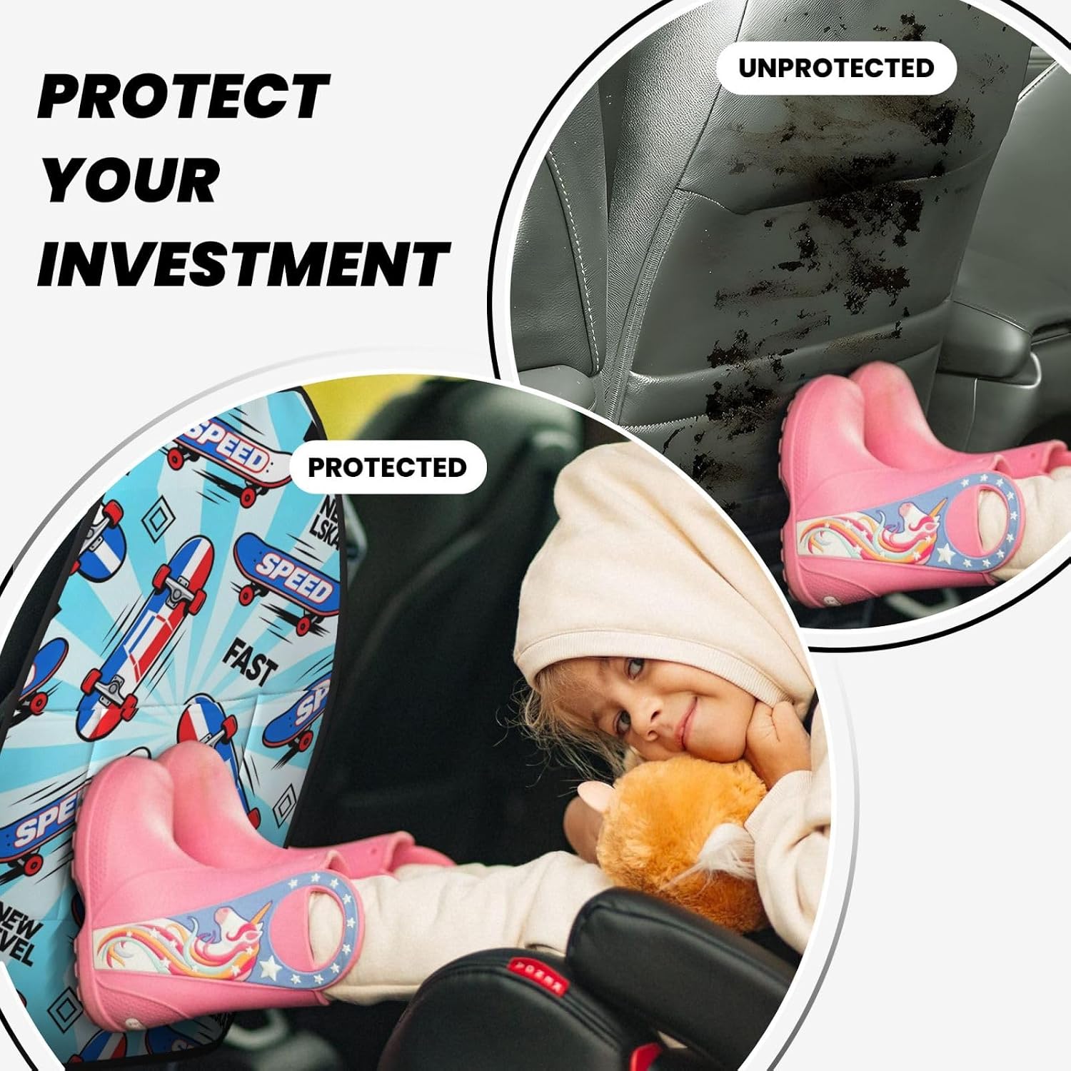 Action Speed Skateboard Extreme Sports Seamless Car Seat Back Kick Protector 2 Pack, 18.5x26.4 Inch Anti-Kick Pad, Waterproof Oxford Fabric Large Rear Seat Cover for Kids Pets Fits SUV Jeep Tr