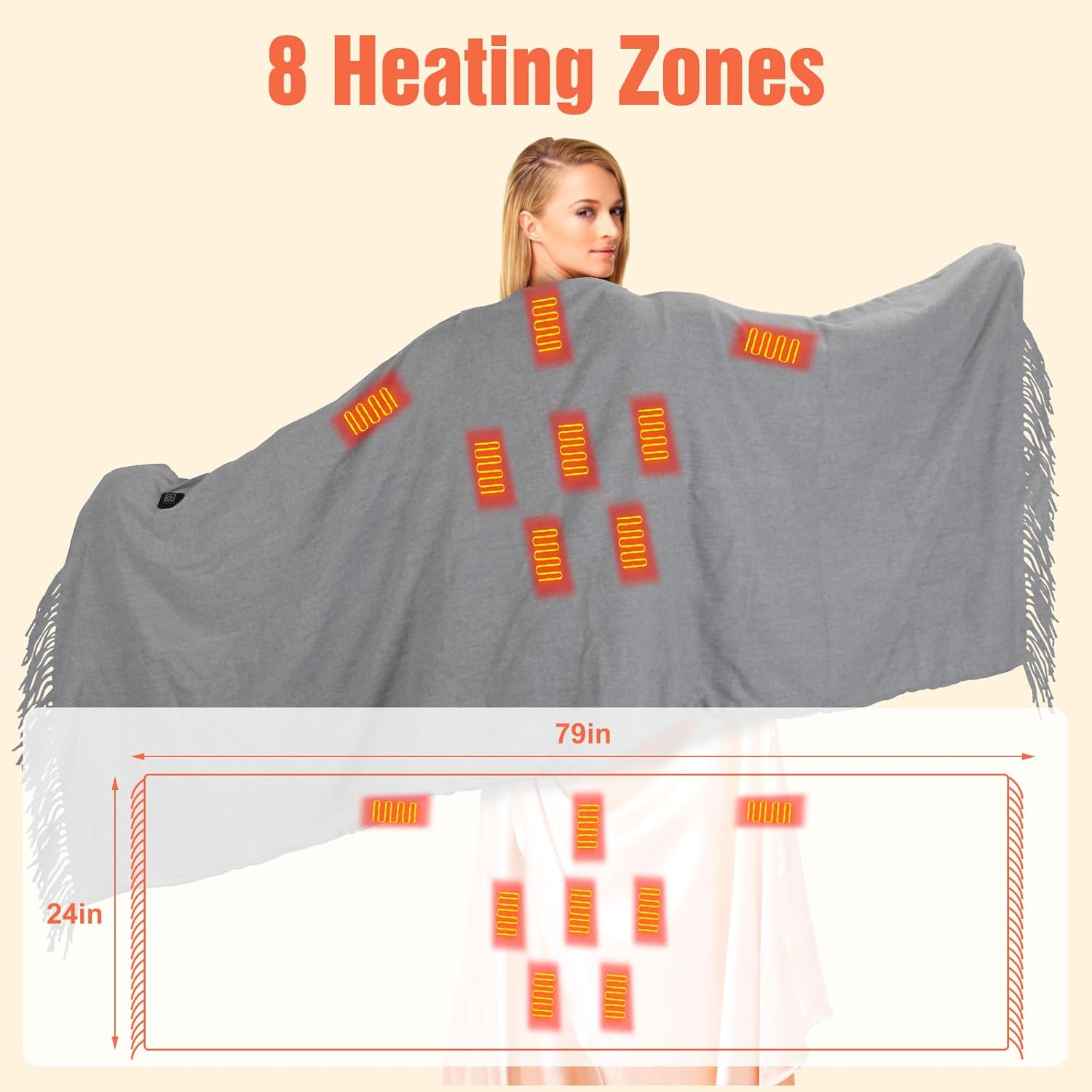 USB Heated Blanket Throw, Portable Wearable Electric Heating Blanket Shawl with Zipper 3 Heating Levels 8 Heating Zones, Washable for Outdoor Home Office
