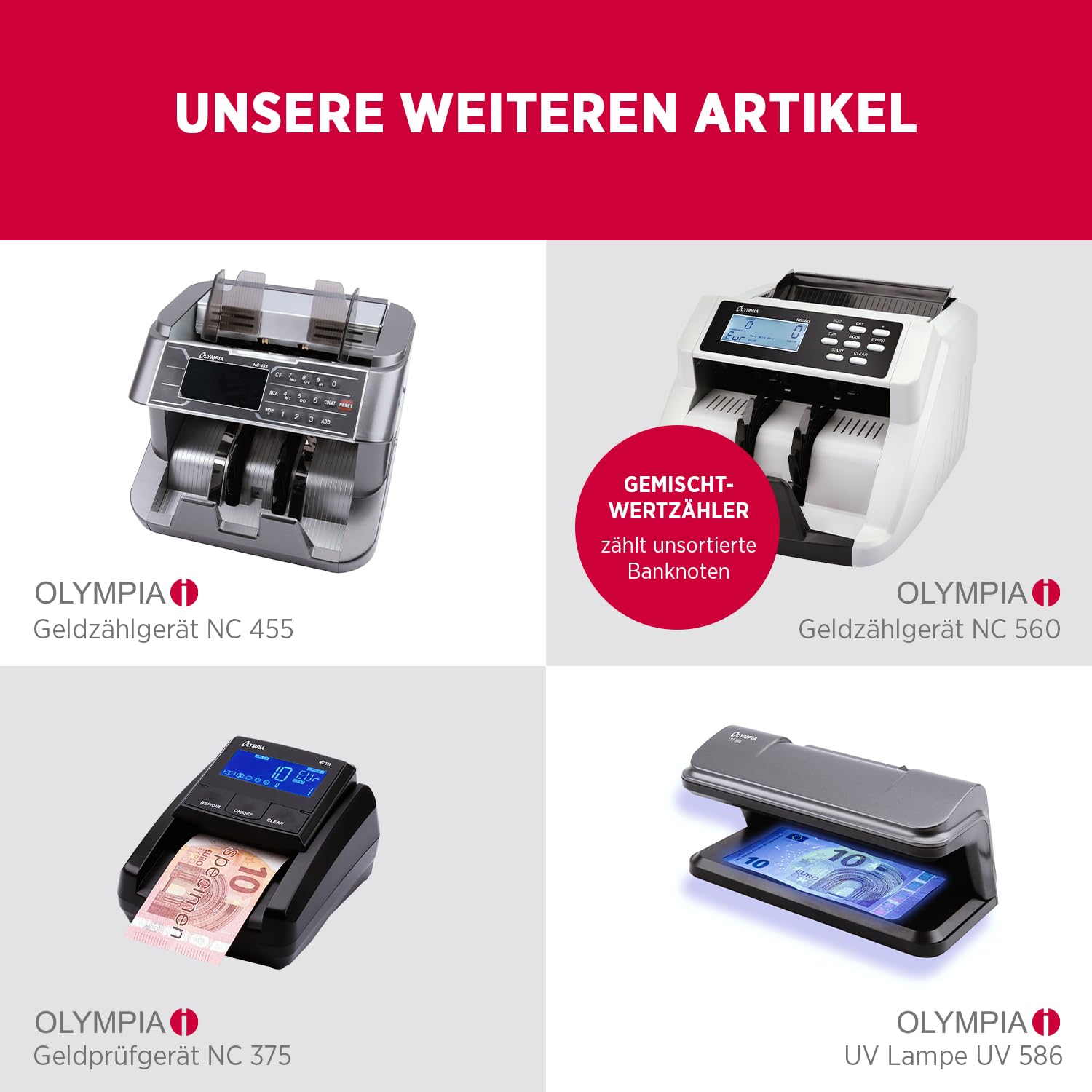 Olympia NC 452 Akku Geldzählmaschine & Geldscheinprüfer | Falschgeld Prüfer | Geldzählmaschine Scheine | Banknotenzähler mit UV MG Sensoren | LCD Display | Zählmaschine für Geldscheine & Banknoten