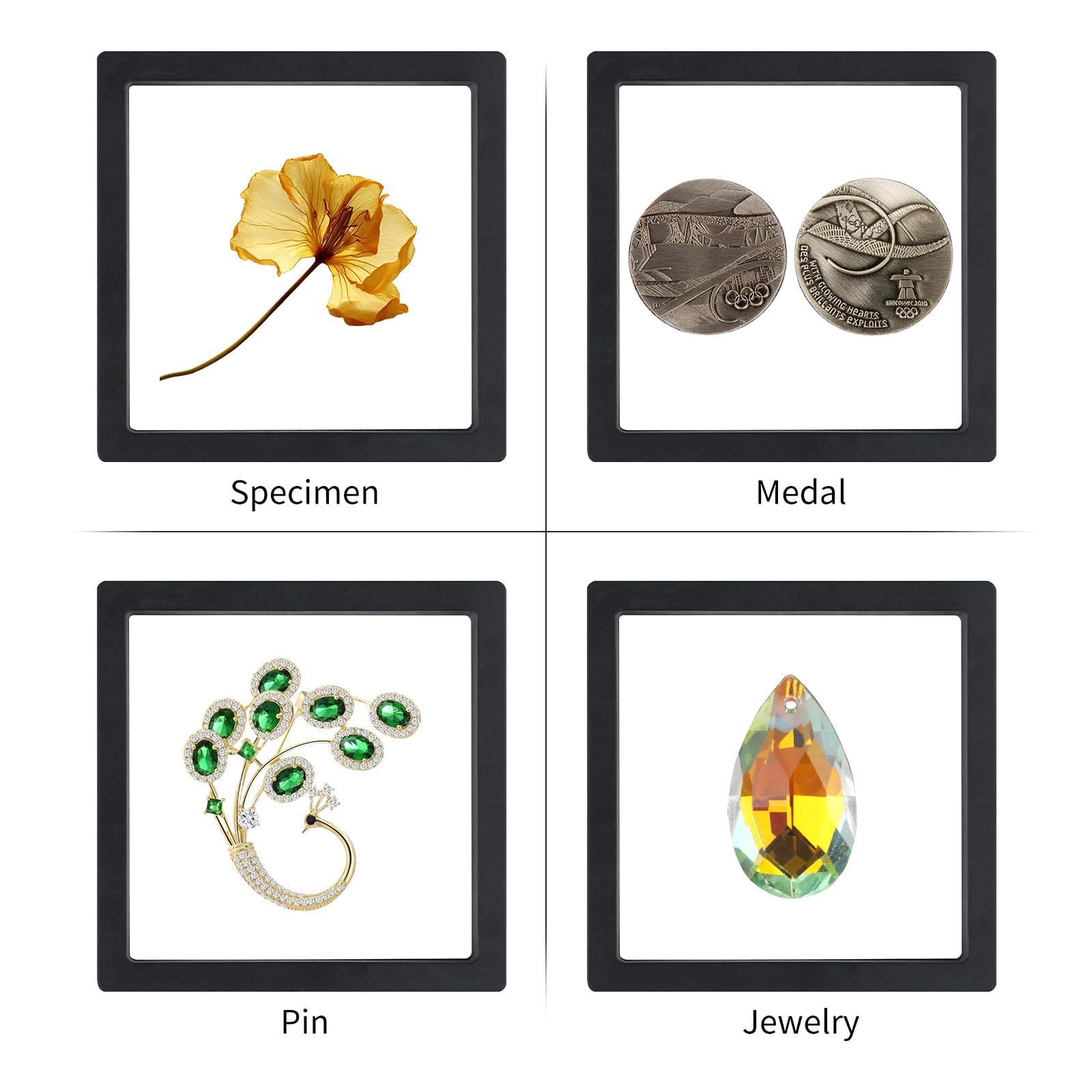 Pływające ramki ekspozycyjne 3D 11 x 11 cm, czarne, pyłoszczelne, przenośne, przezroczyste, z folii PE, pudełko do przechowywania biżuterii, na pierścionki, kolczyki, naszyjniki, medaliony, znaczki