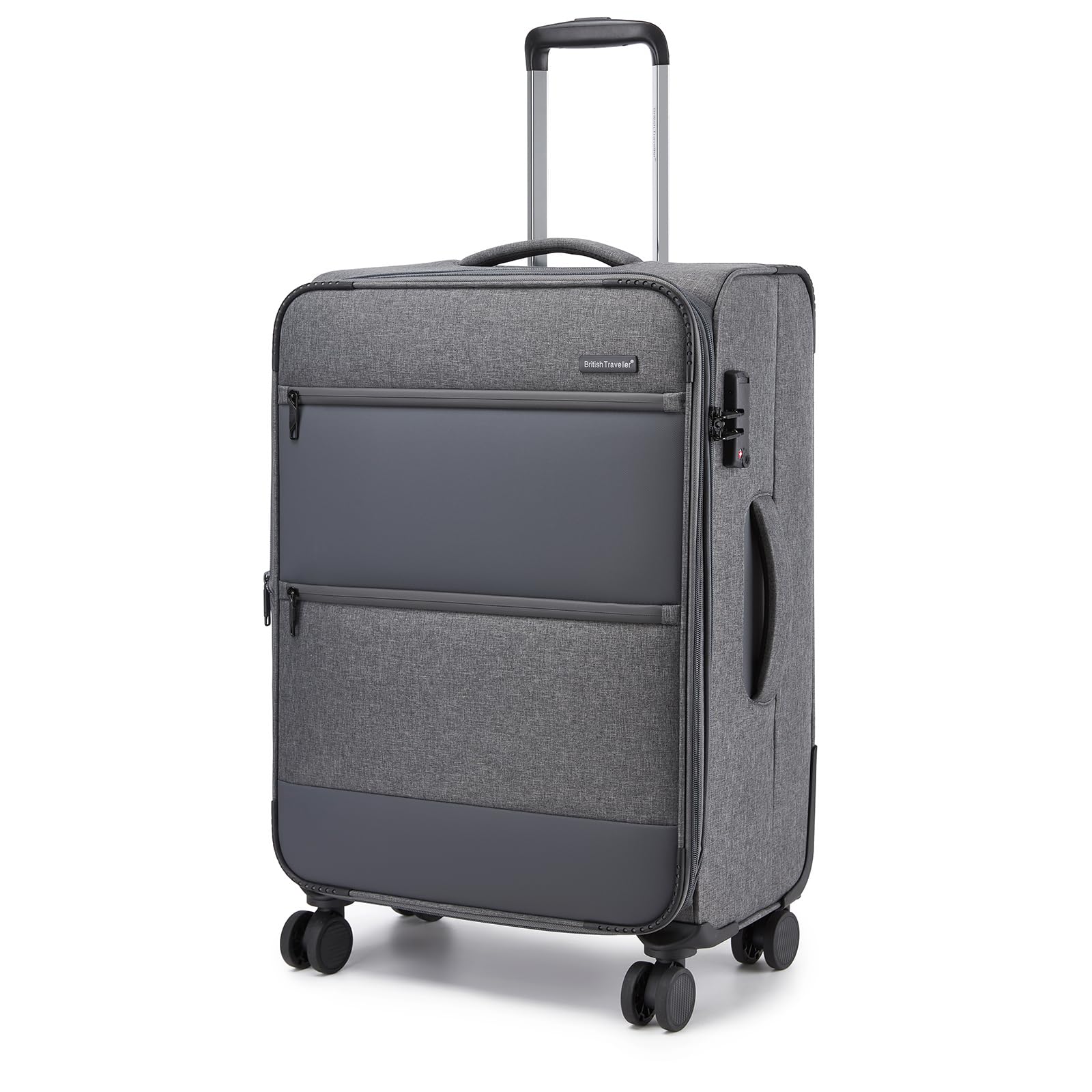 British Traveller Erweiterbarer Mittelgroß Koffer, 68L Stoff Reisekoffer mit Volumenerweiterung,4 Rollen Koffer Trolley mit TSA Schloss,68.5x44x28.5 cm (Grau)