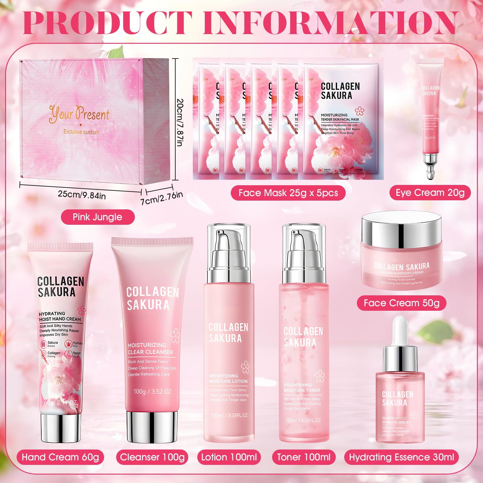 Sakura Coffrets de Soins pour la Peau, Coffret Skincare, Coffret Beauté Ado Fille, avec Crème pour Mains, Crème Visage, Lotion Tonique, Lait, Nettoyant, Masque Visage, Contour des Yeux, Sérum, 12Pcs